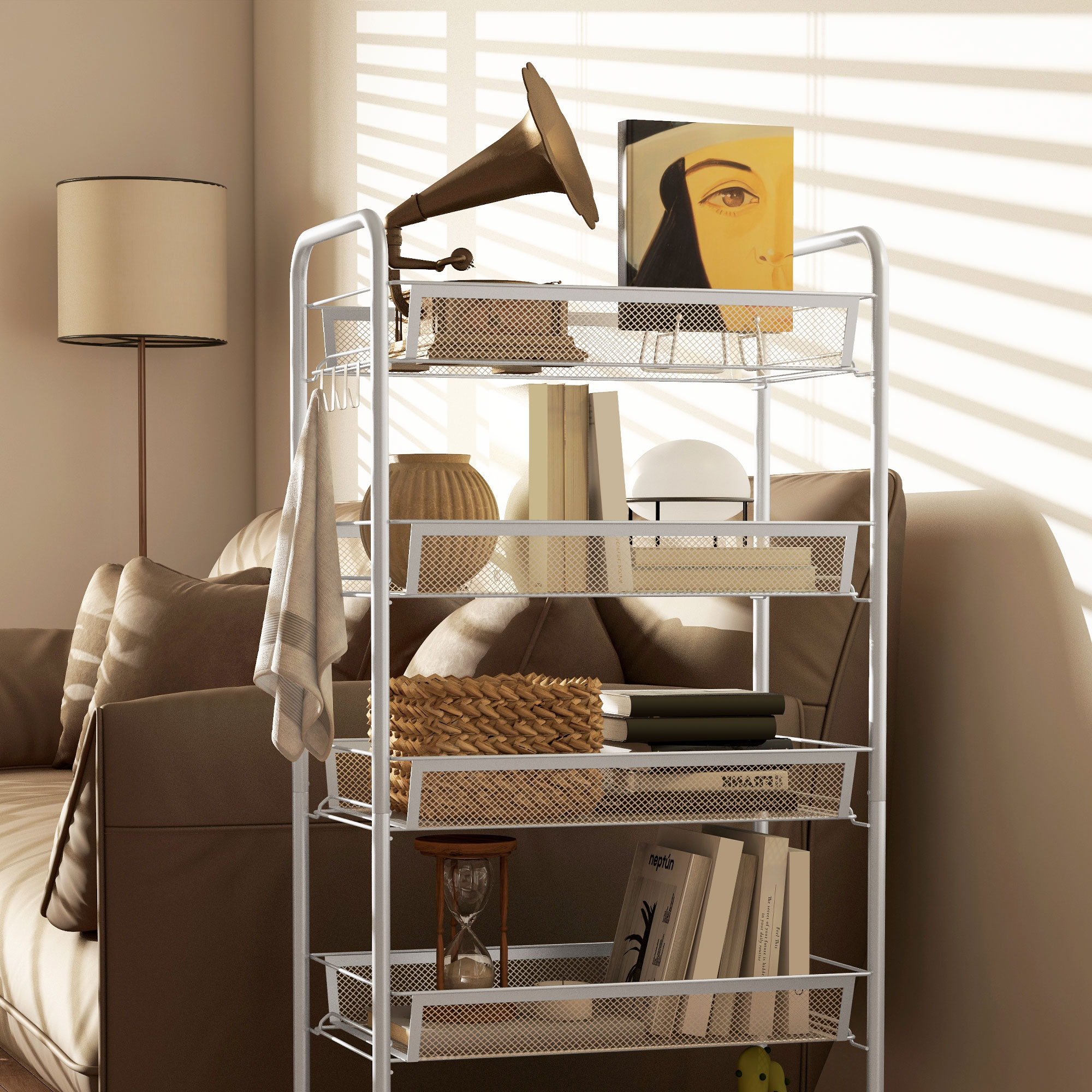  Carucior de Bucatarie Economisitor de Spatiu pe 5 Niveluri cu Cosuri din Plasa din Otel, 45x26.5x106cm, Alb [8]