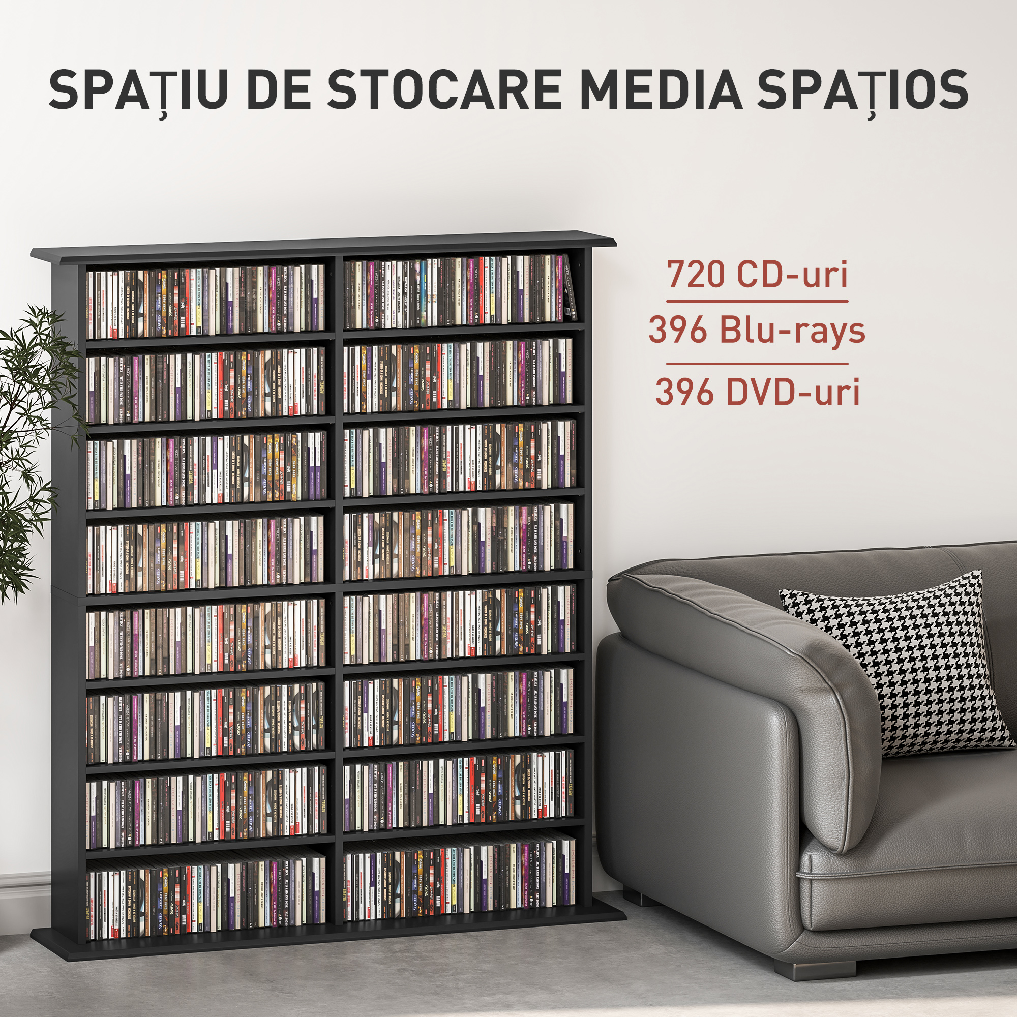  Mobilier Biblioteca cu 16 Rafturi pentru 720 CD-uri din Lemn 106.5x24x126.3 cm Negru [3]