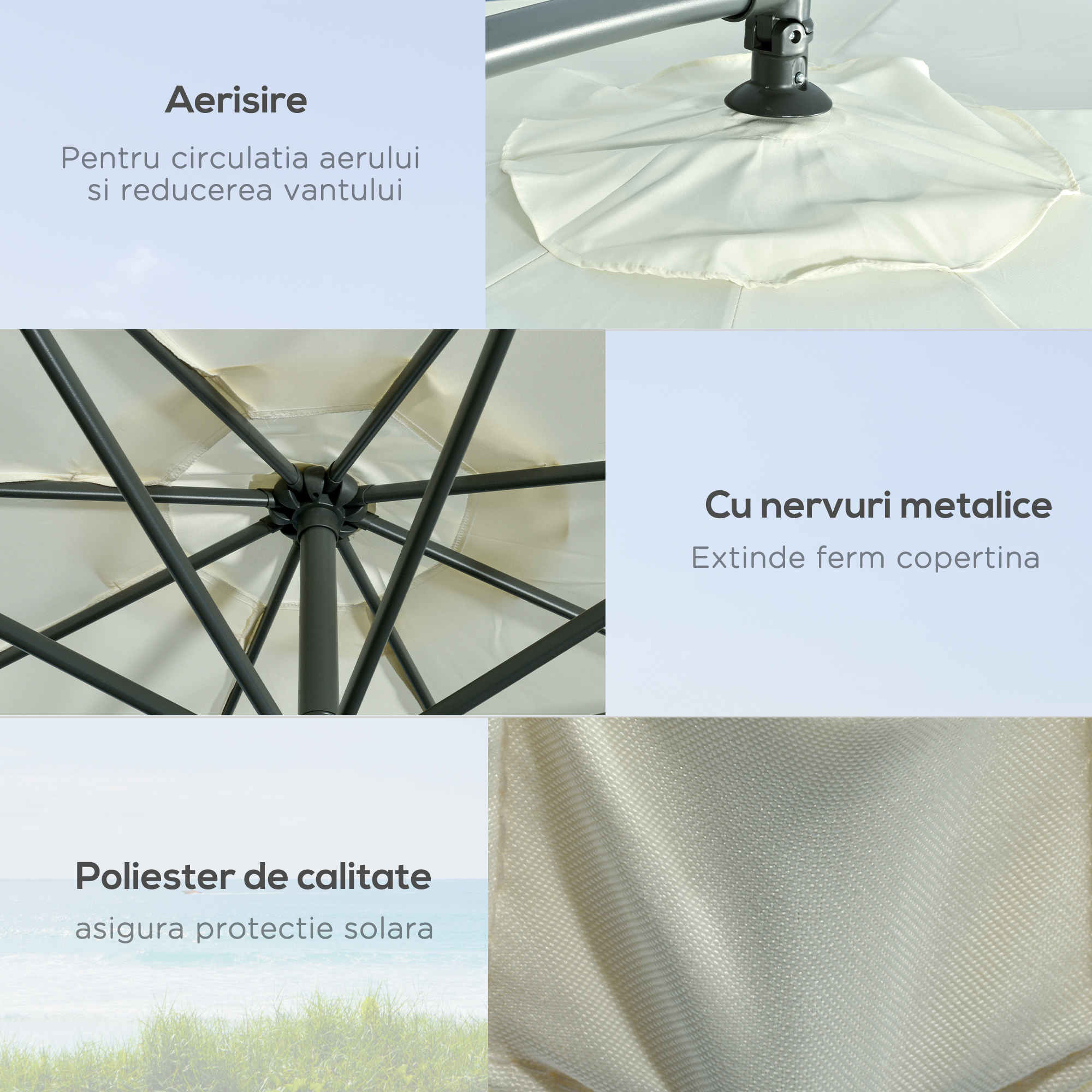  Umbrela Suspendata cu Baza in Cruce, Greutaţi, Manivela si Protecţie UV, Ø3x2.5 m, Bej [5]