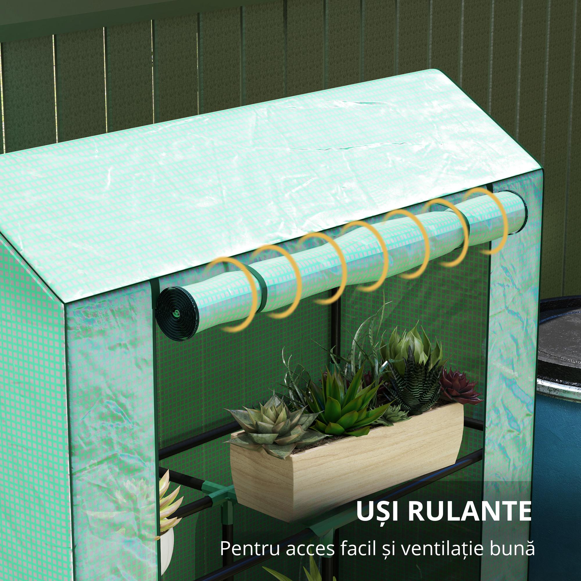  Sera Mini cu 3 Niveluri, Copertina din PE cu Armatura si Usa Rulabila, 100x40x150 cm, Verde [4]