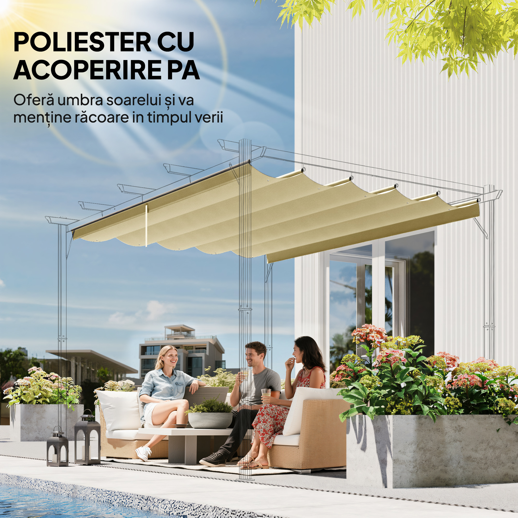  Acoperis de inlocuire pentru Pergola Gazebo cu 10 Gauri de Drenaj, Husa Pergola din Poliester Respirabil, 250x255 cm, pentru Pergola de Gradina 3x3m, Bej [4]