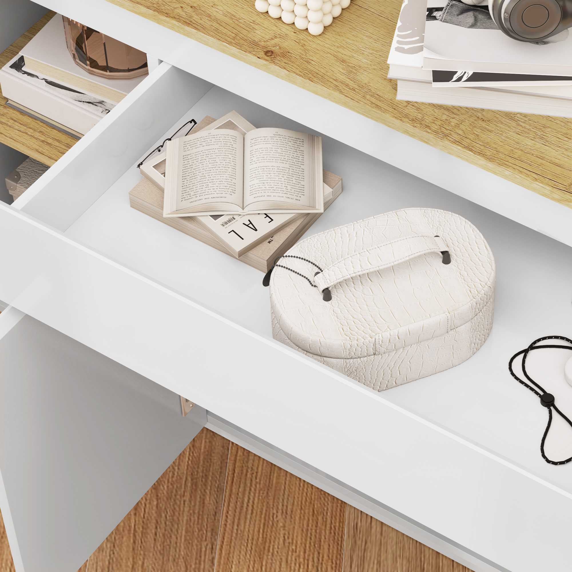  Bufet de Bucatarie cu 3 Dulapuri si 4 Usi cu ichidere Lina, Mobilier Modern cu Sertar, 140x40x75 cm, Alb [7]