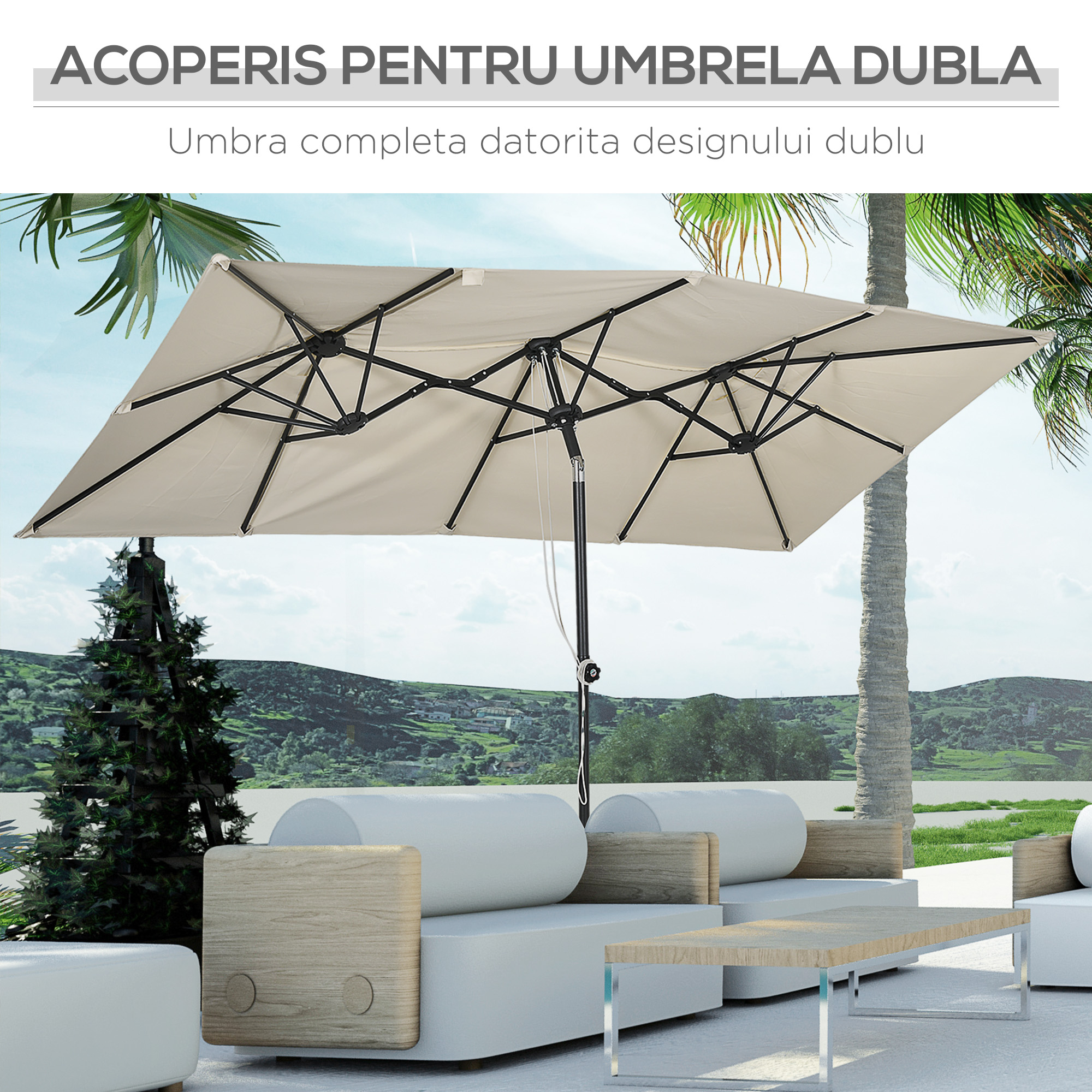  Umbrela Dubla Inclinabila si Reglabila cu Franghie, din Poliester si Metal, 150x295x170-214 cm, Crem [4]