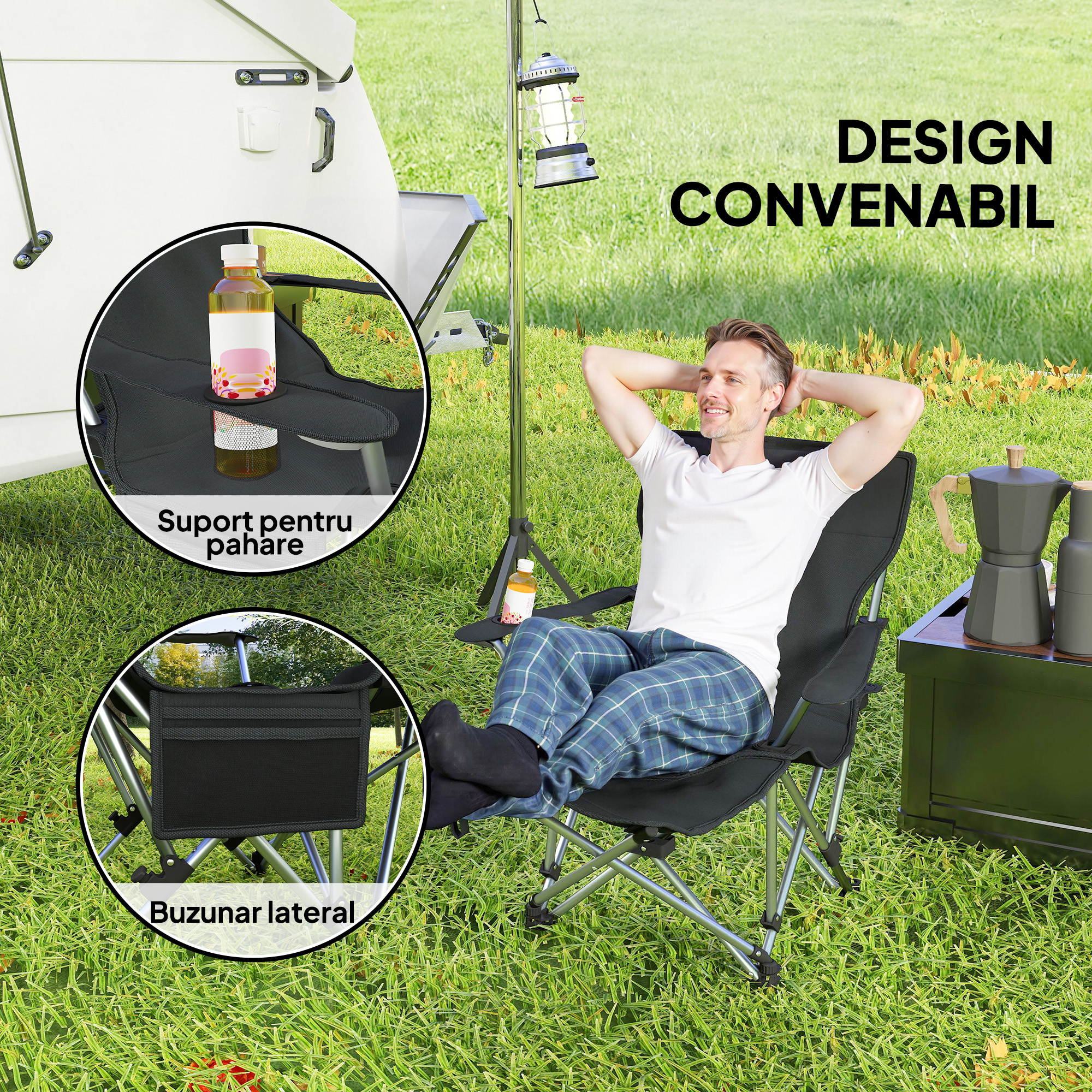 Scaun de Camping Pliabil si Reclinabil  cu Suport pentru Picioare Detasabil, Tetiera si Suport pentru Pahare, Negru [4]