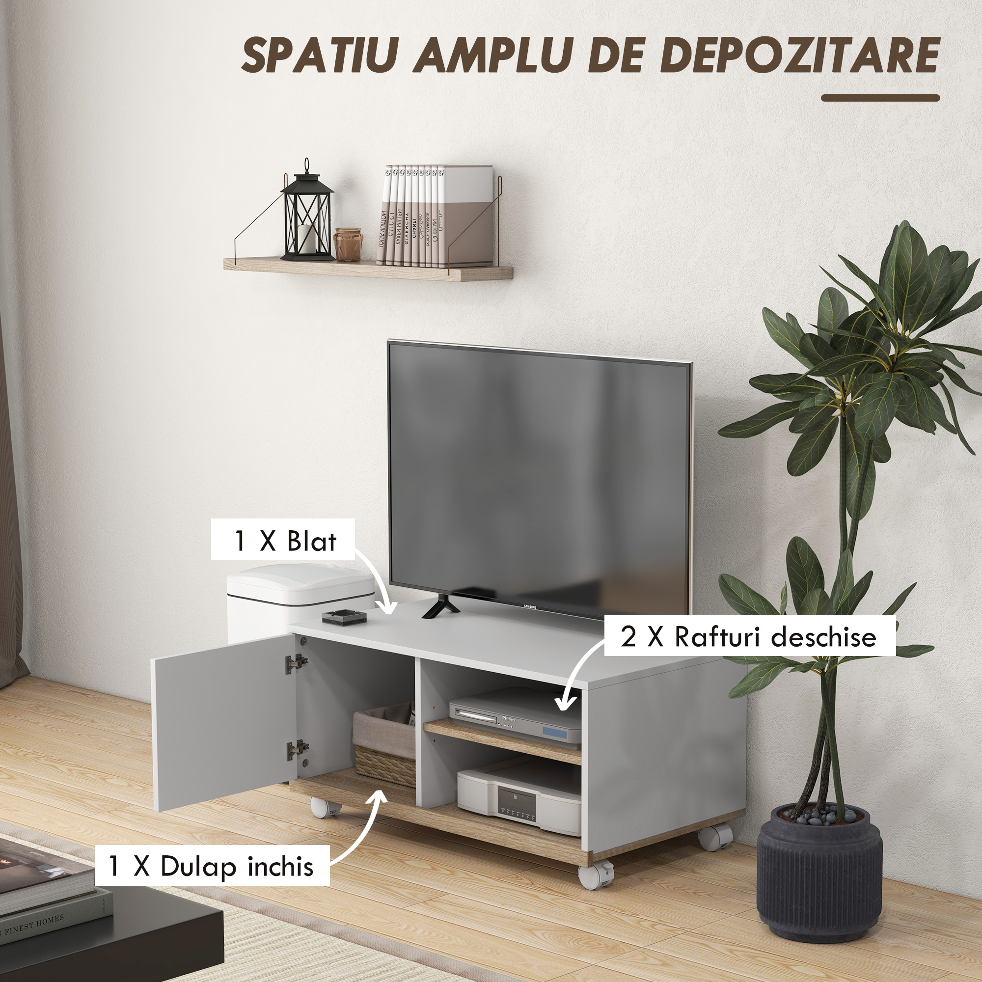  Dulap TV 42" Max cu 2 Rafturi deschise si Usa, Dulap TV Jos din PAL cu Roti, 80x45x39.5 cm, Alb [4]