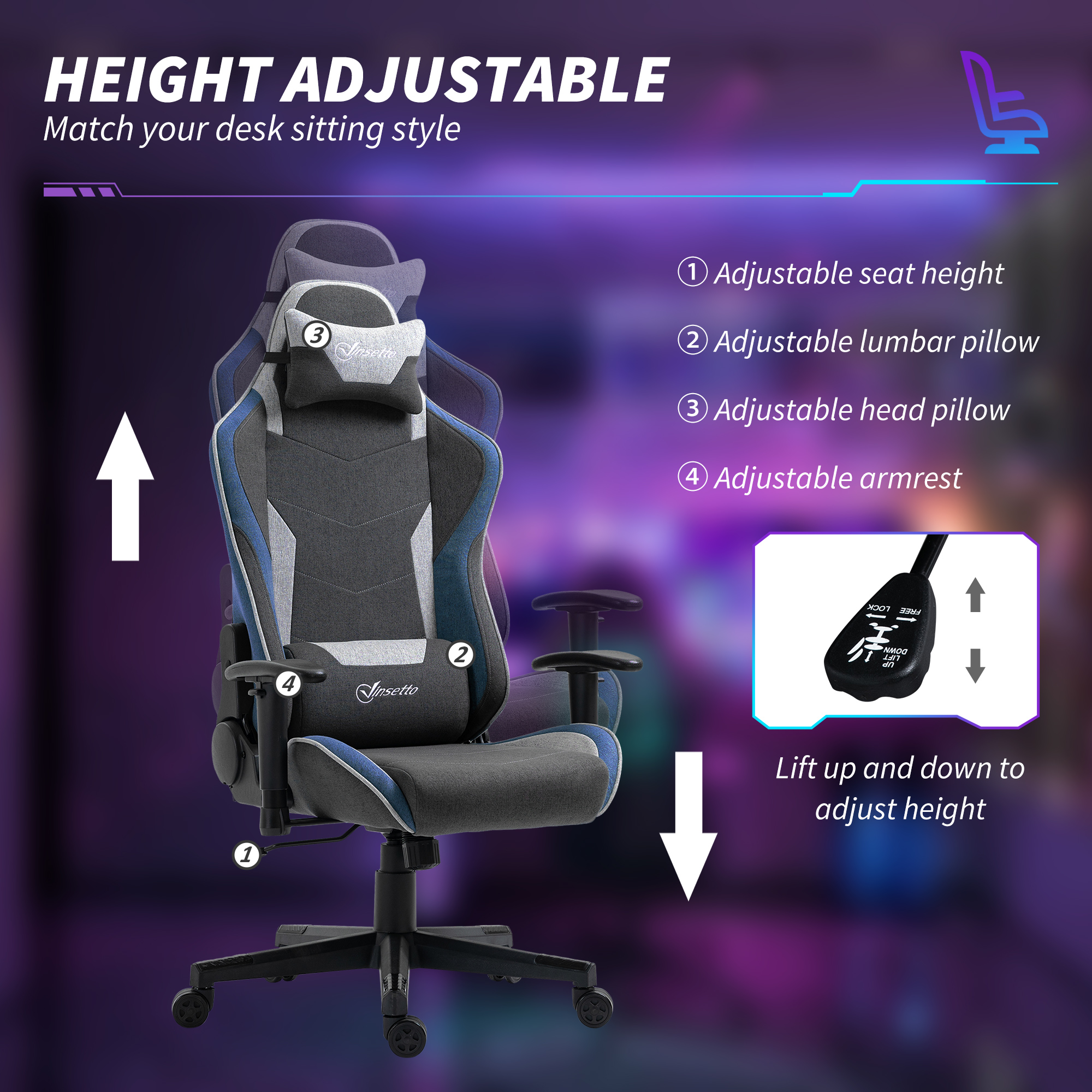  Scaun de Gaming Reclinabil la 150° cu Functie de Leganare, din tesatura cu Aspect de In, 66x53x128-138 cm, Gri [3]