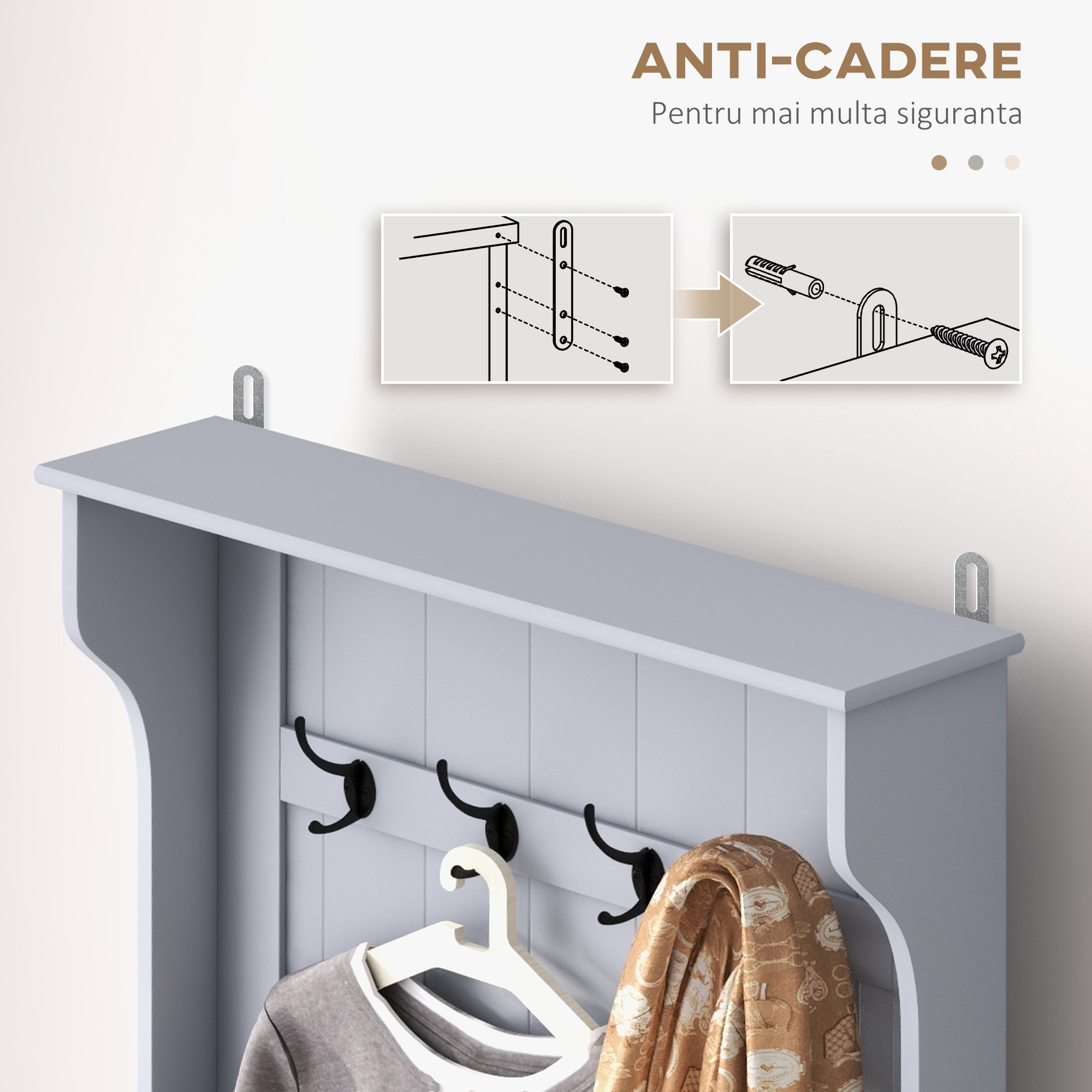  Cuier 3 in 1 cu 4 carlige si banca cu spatiu de depozitare, din lemn, 71,5x39,5x170 cm, gri [6]