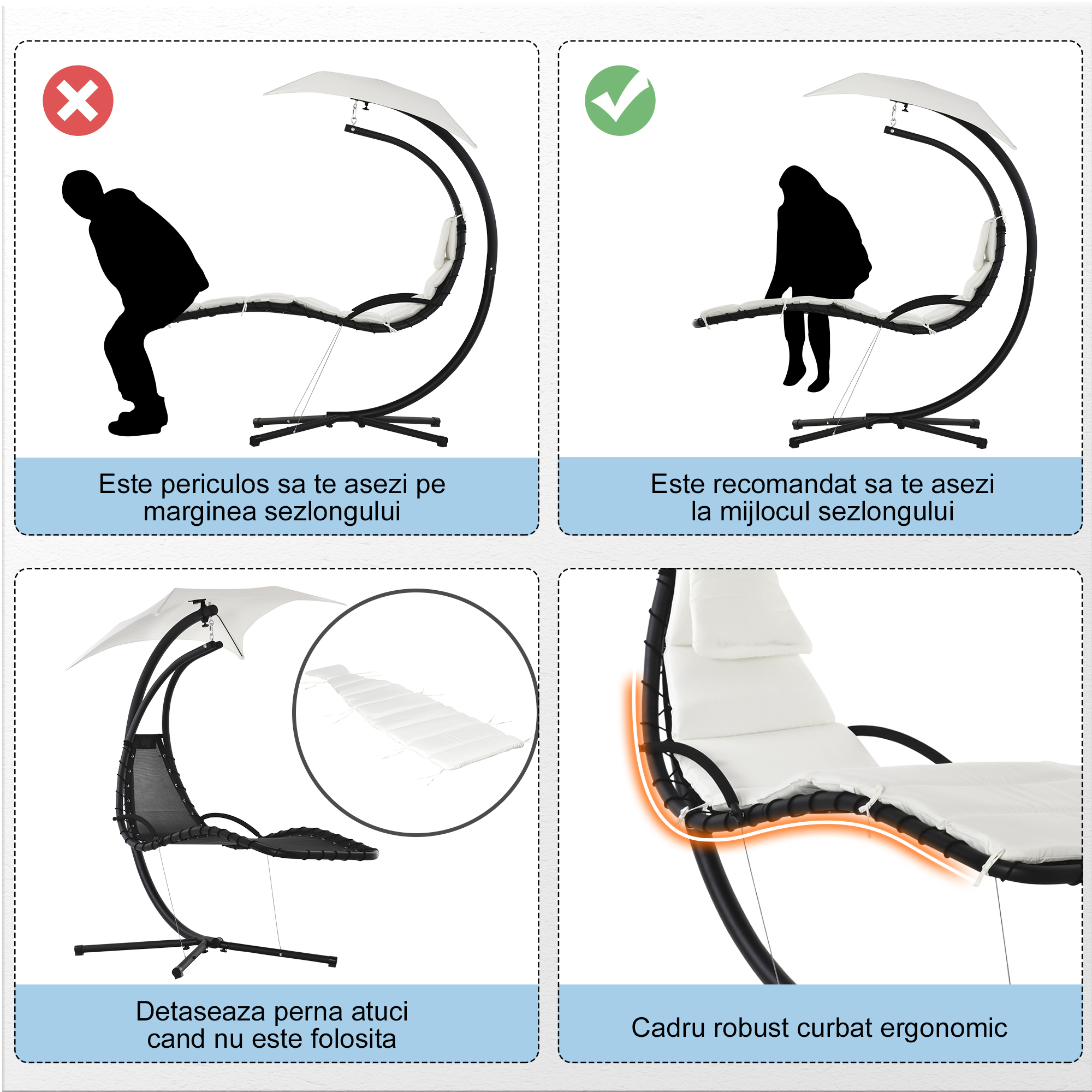  Sezlong Leagan Suspendat Relax sezlong de Lux cu Acoperis, Crem [6]