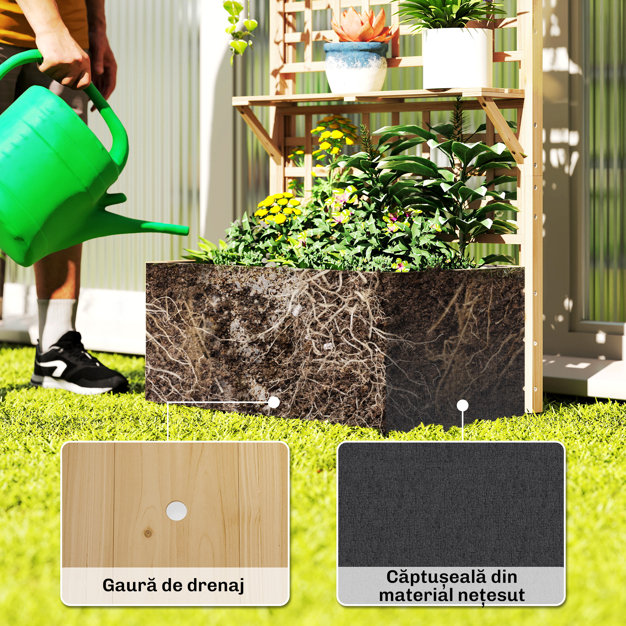  Jardiniera Ridicata din Lemn cu Grilaj, Acoperis si 2 Rafturi, 76x43.5x177 cm, Lemn Natural [6]