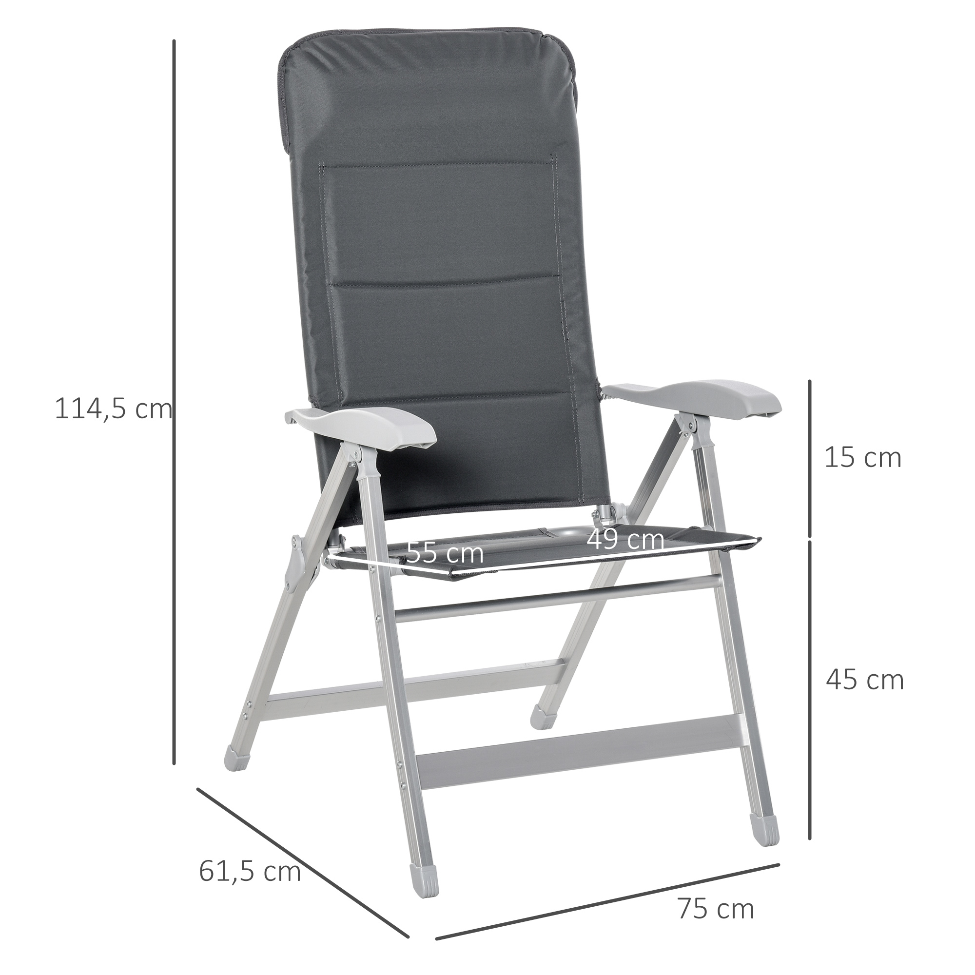  Scaun de Pescuit Pliabil cu Cotiere si Spatar inaltat Reglabil, 75x61.5x76-115 cm, Gri [2]
