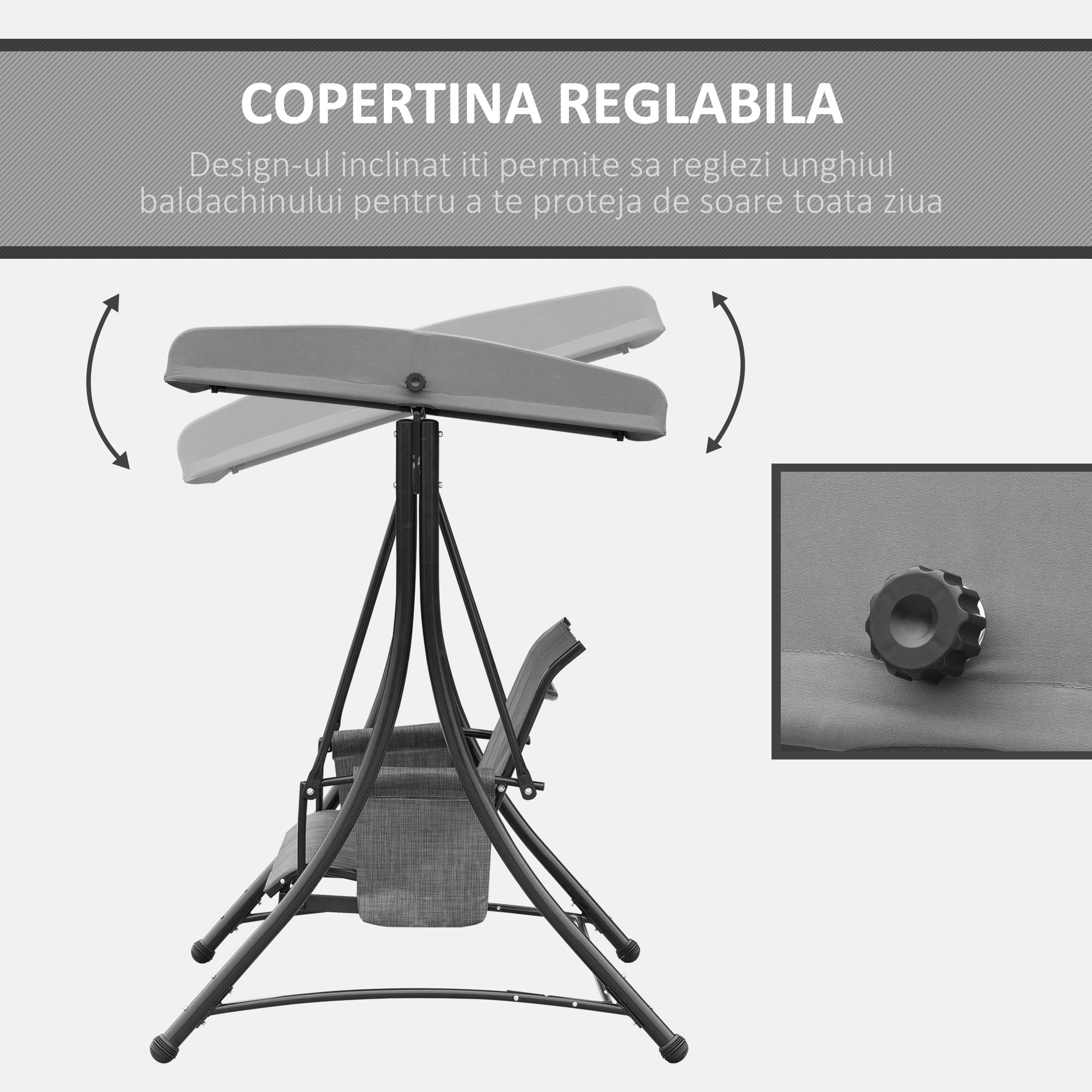  Balansoar de Gradina cu 3 scaune Acoperis si Buzunare de depozitare, Gri [3]