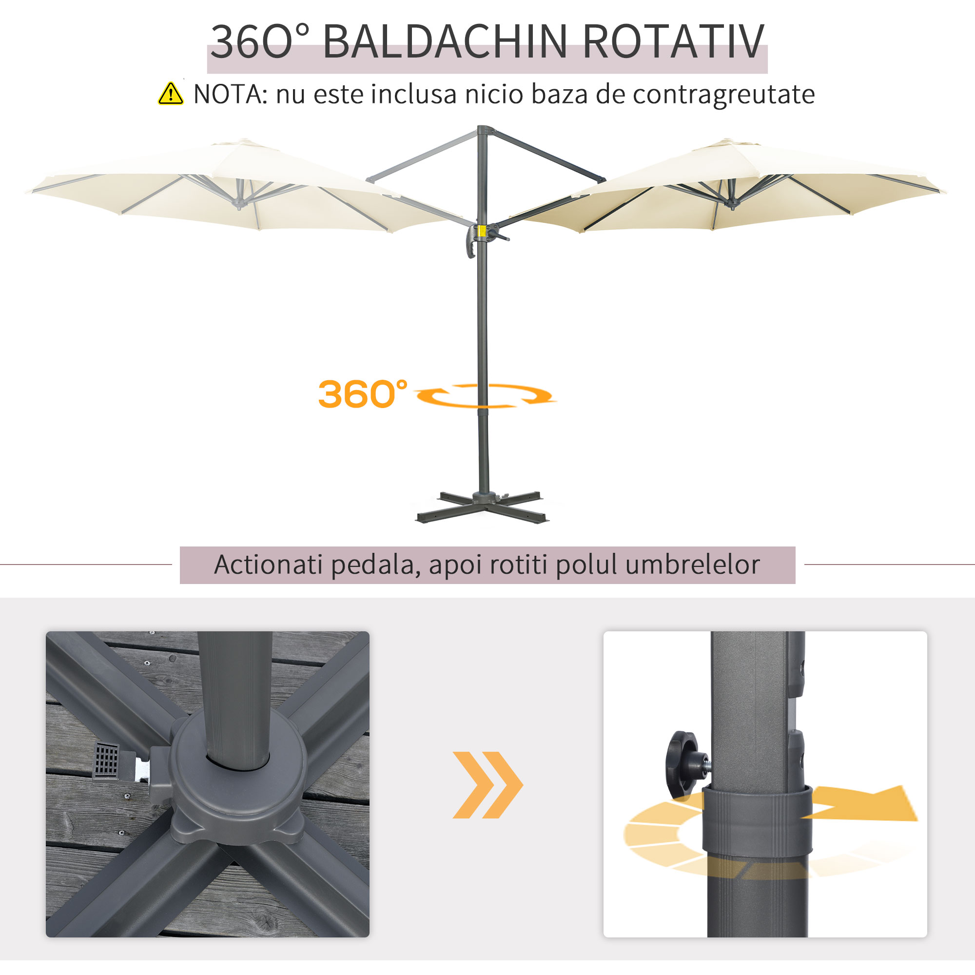  Umbrela de Soare pentru Gradina Descentrata cu Inclinare Reglabila si Pivotanta la 360°, Ø293x248cm Alb Crem [3]