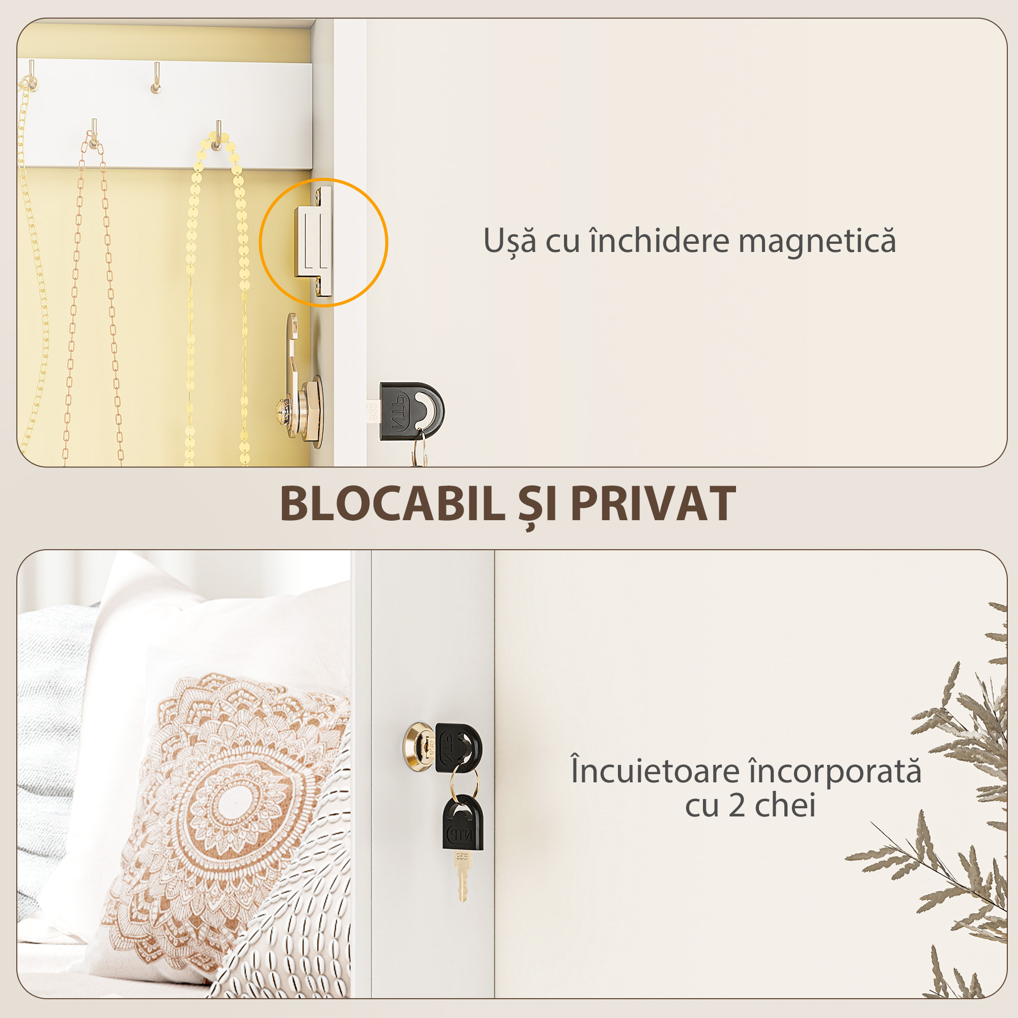  Dulapior Oglinda pentru Bijuterii Montabil pe Perete cu 2 Chei, din MDF, Alb [5]