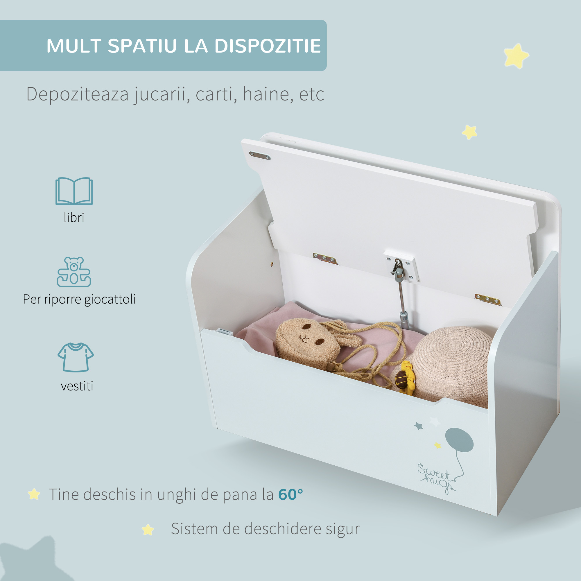  Banca de Depozitare Portabila pentru Jucarii 2 in 1, Lada cu Spatar pentru Copii de 3-6 Ani, 60x30x50 cm, Albastru [5]