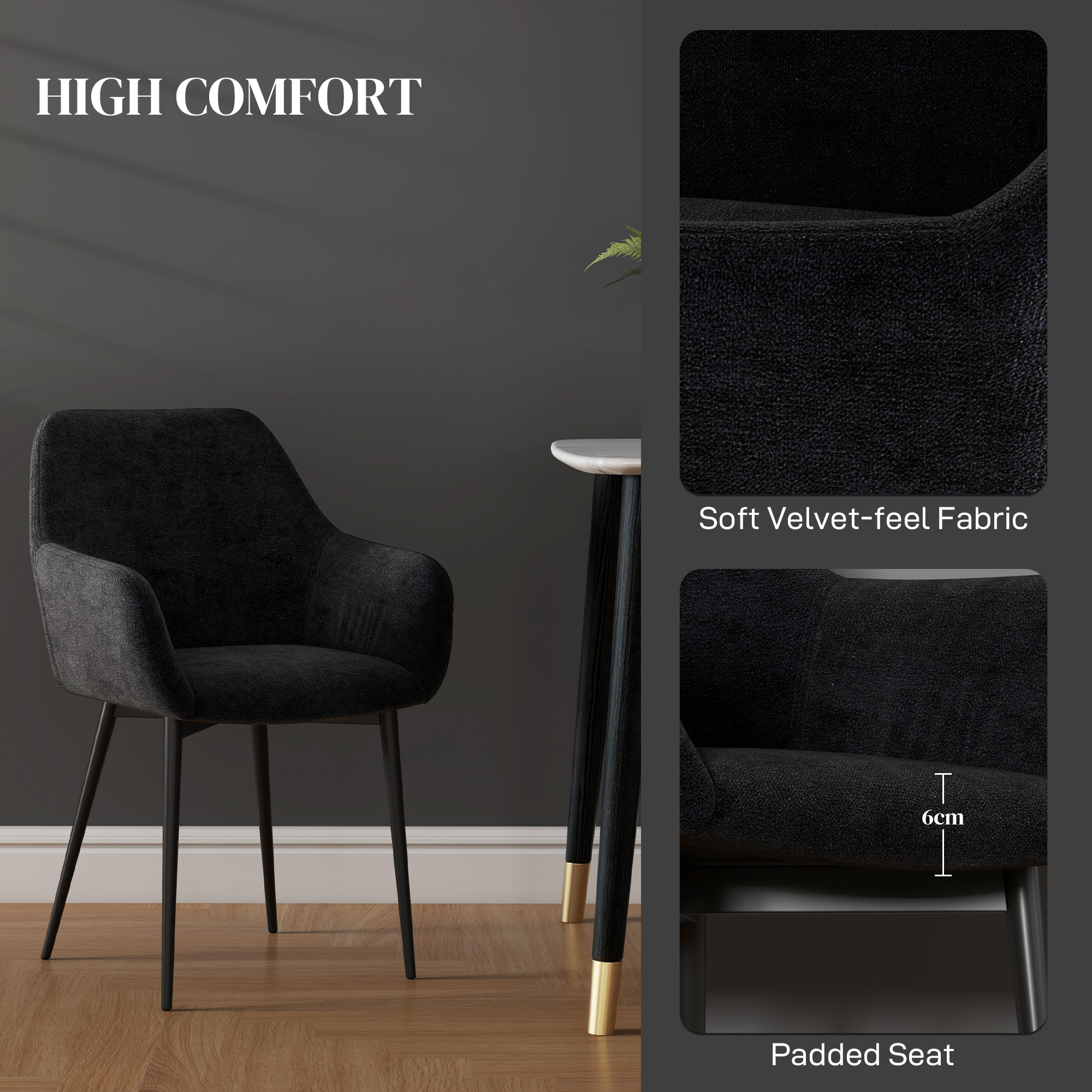  Set 2 Scaune Tapitate in Stil Nordic cu Brate si Picioare din Otel pentru Sufragerie, 54x57x80 cm, Negru [4]