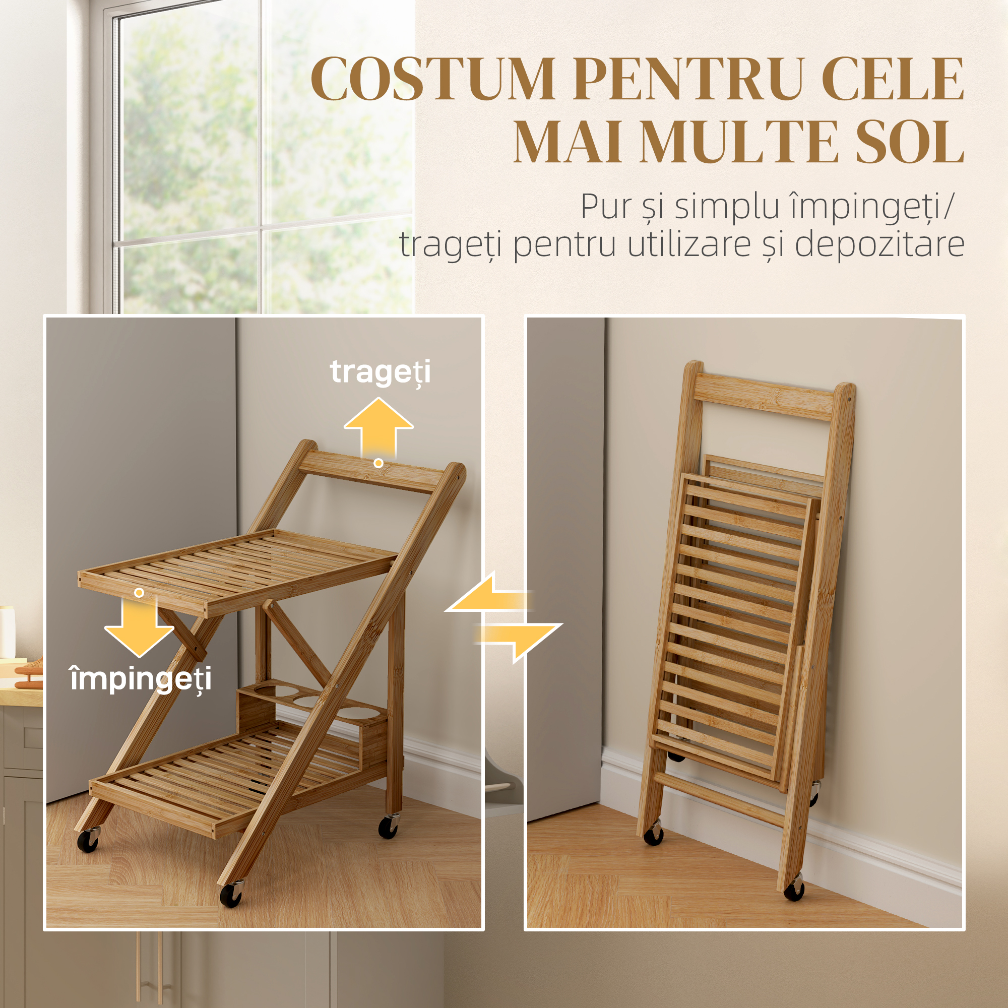  Carucior Portavivande Pliabil de Bucatarie cu 2 Nivele si Suport pentru Sticle [4]