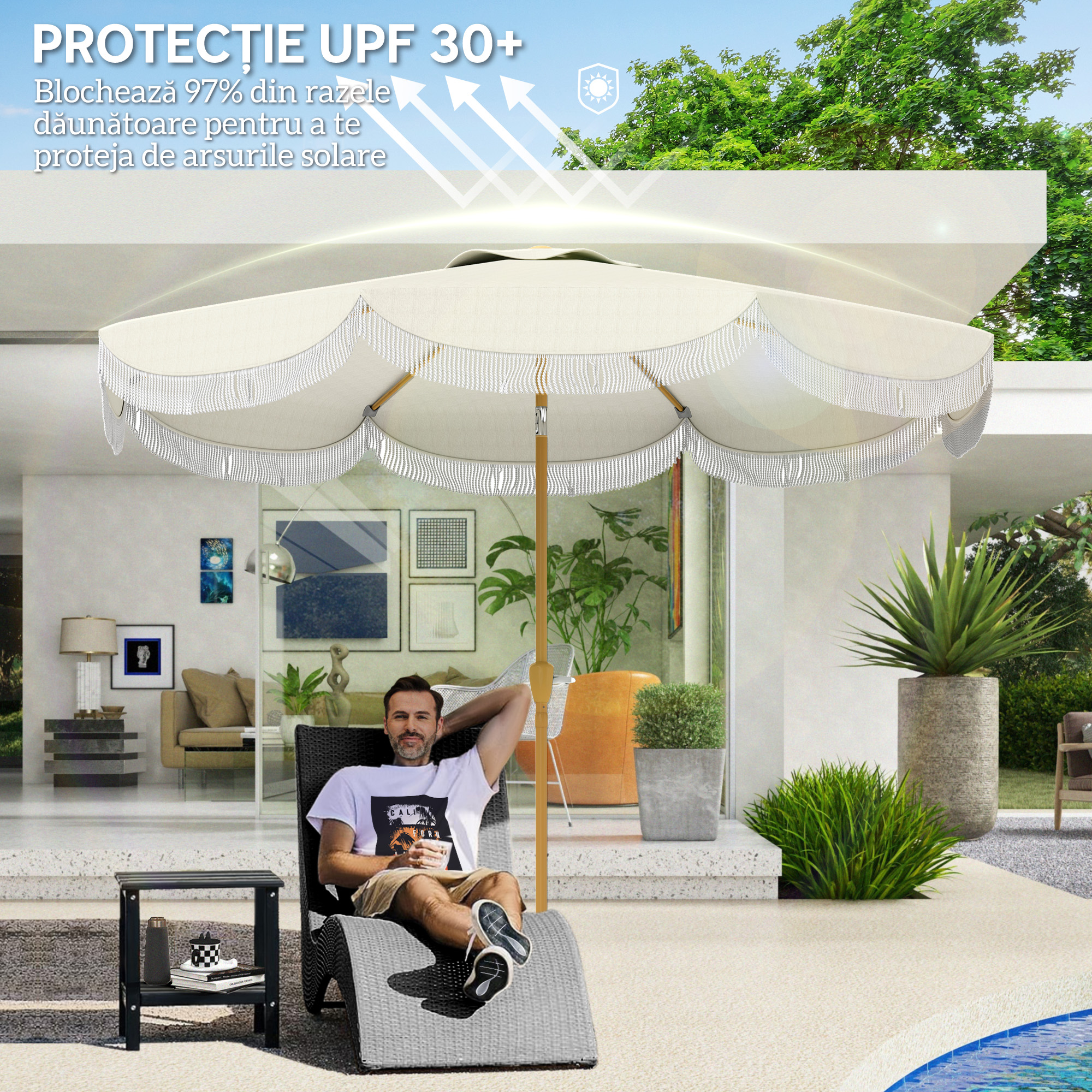  Umbrela de Gradina Rotunda 2.7x2.4 m cu Manivela, din Metal si Poliester, Bej [4]