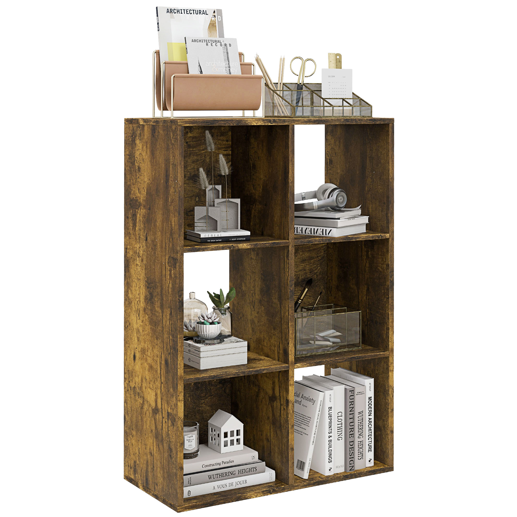  Libreria a Cubi con 6 Ripiani Portaoggetti in Legno dal Design Rustico, 61.5x29.5x91.5 cm, Marrone [0]
