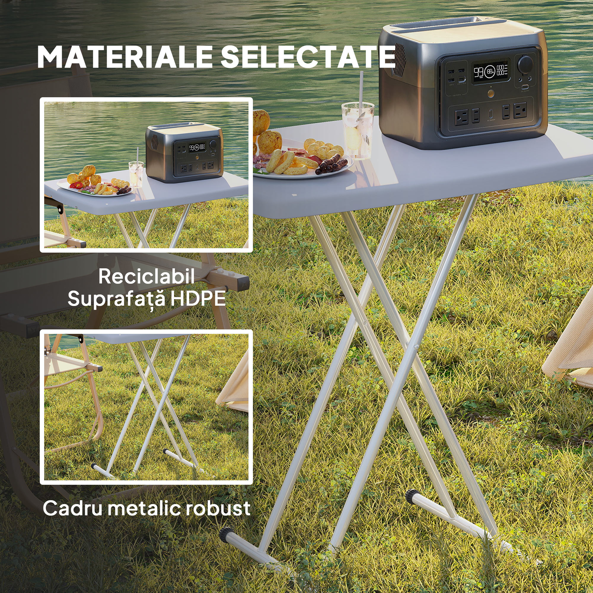  Masuta de Cafea Pliabila, Reglabila pe inaltime si Portabila, cu Blat HDPE si Cadru Metalic, 76x50x74 cm, Alb [5]