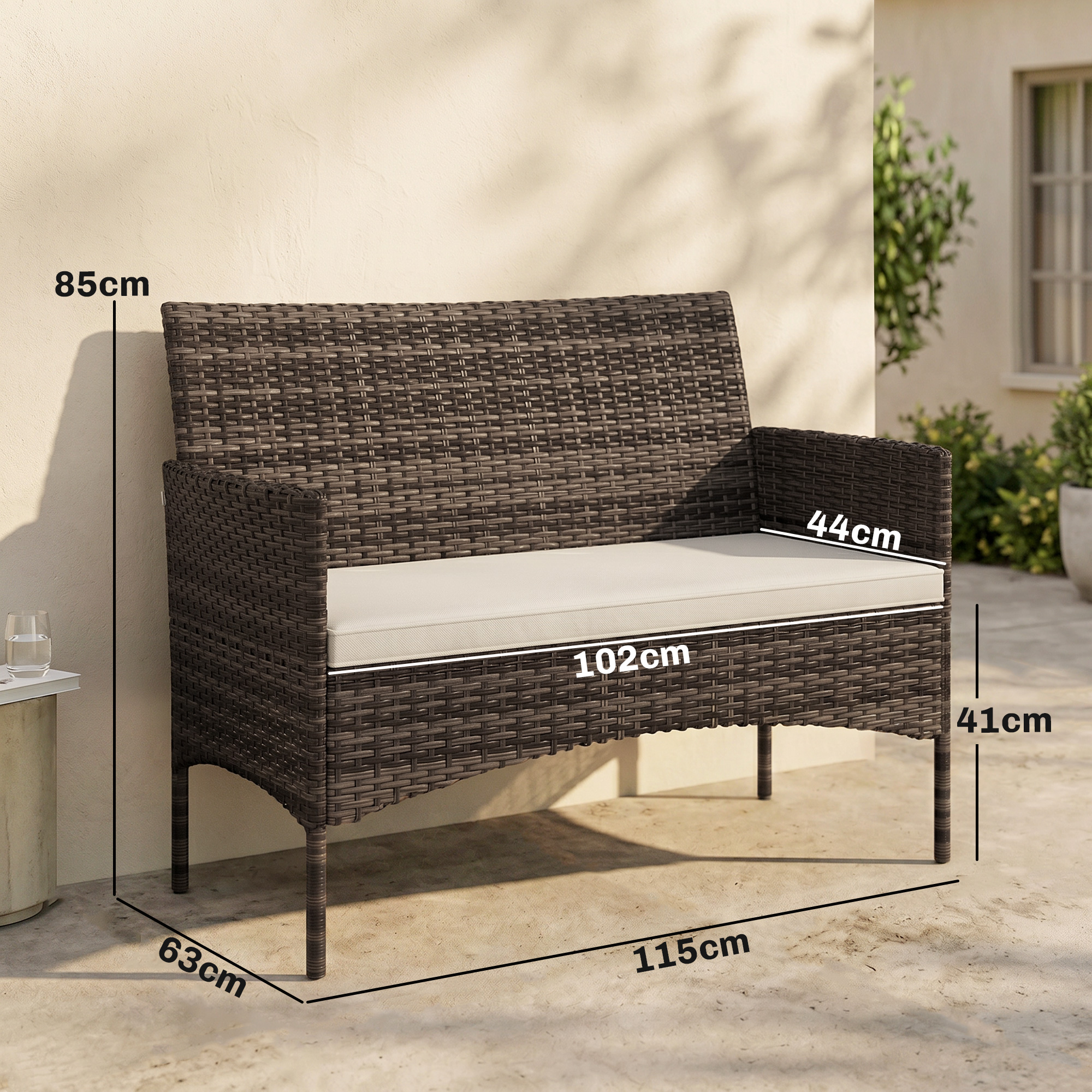  Canapea de Gradina 2 Locuri cu Perne si Tampoane Antiderapante, din Ratan si Otel, 115x63x85 cm, Bej [2]