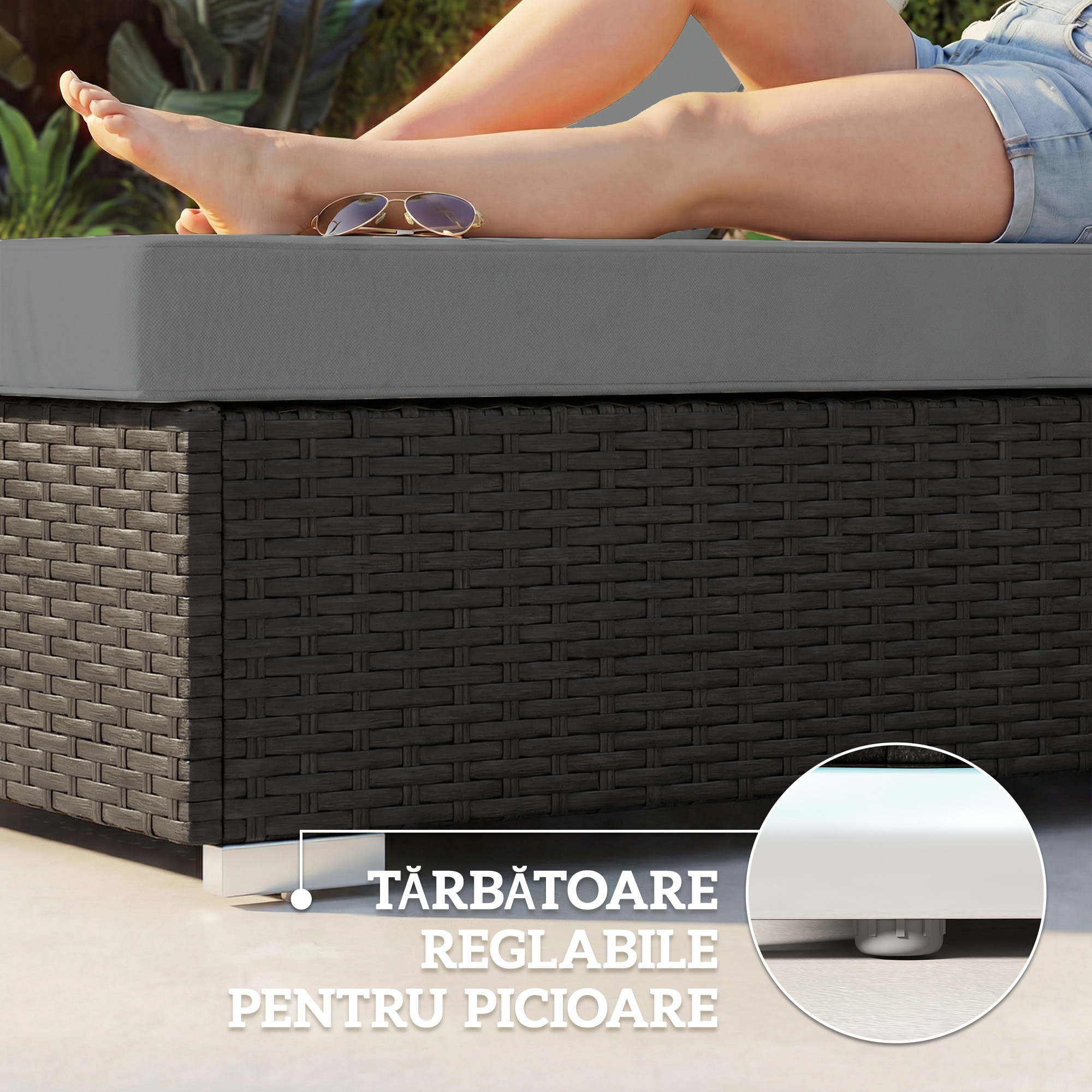  Set 2 sezlonguri de Gradina din Ratan cu Masuta Laterala si Spatar Reglabil, 184x60x22 cm, Gri inchis [7]