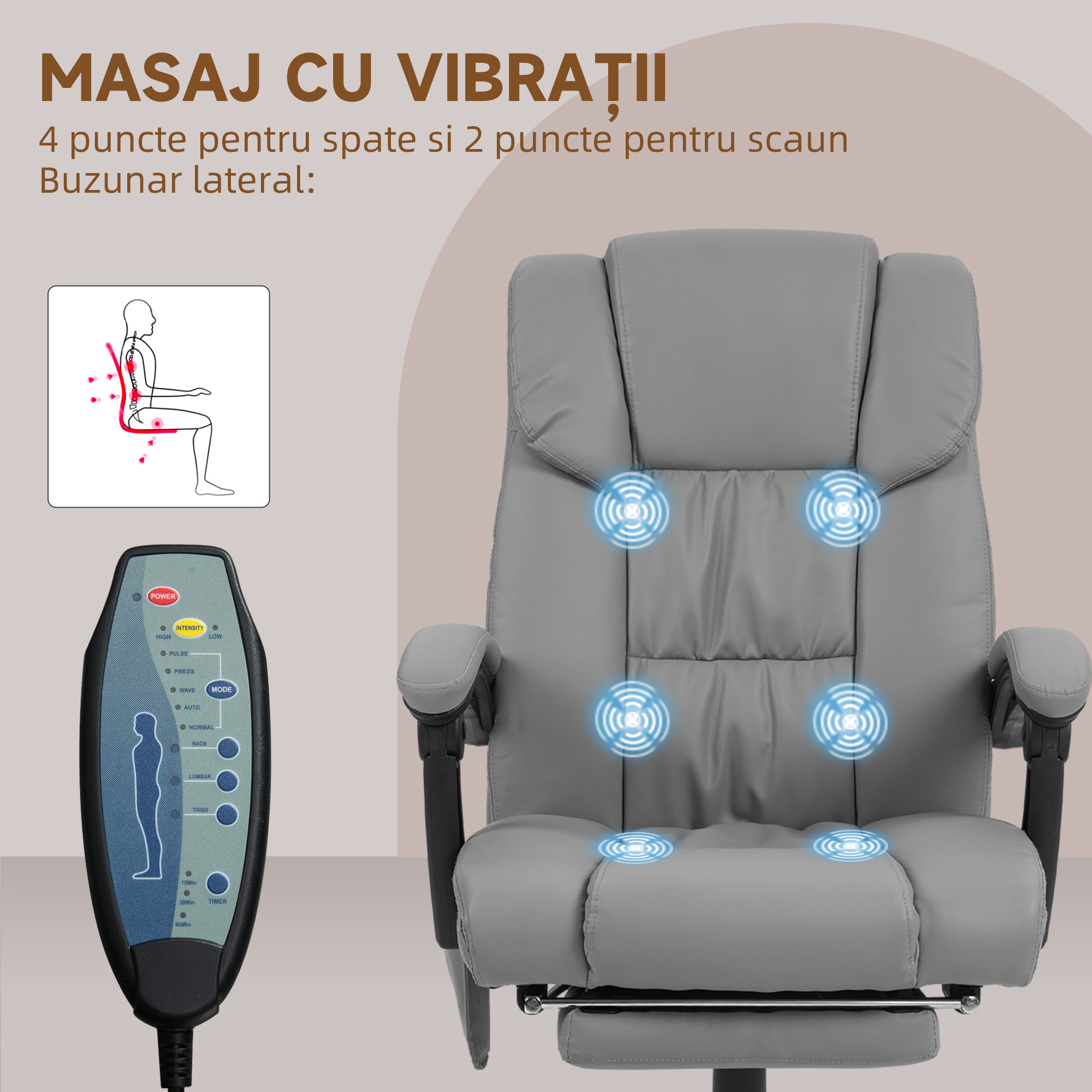  Fotoliu Reglabil pe inaltime cu Tetiera si Suport pentru Picioare din Piele Artificiala, 66x75x112-122 cm, Gri [5]