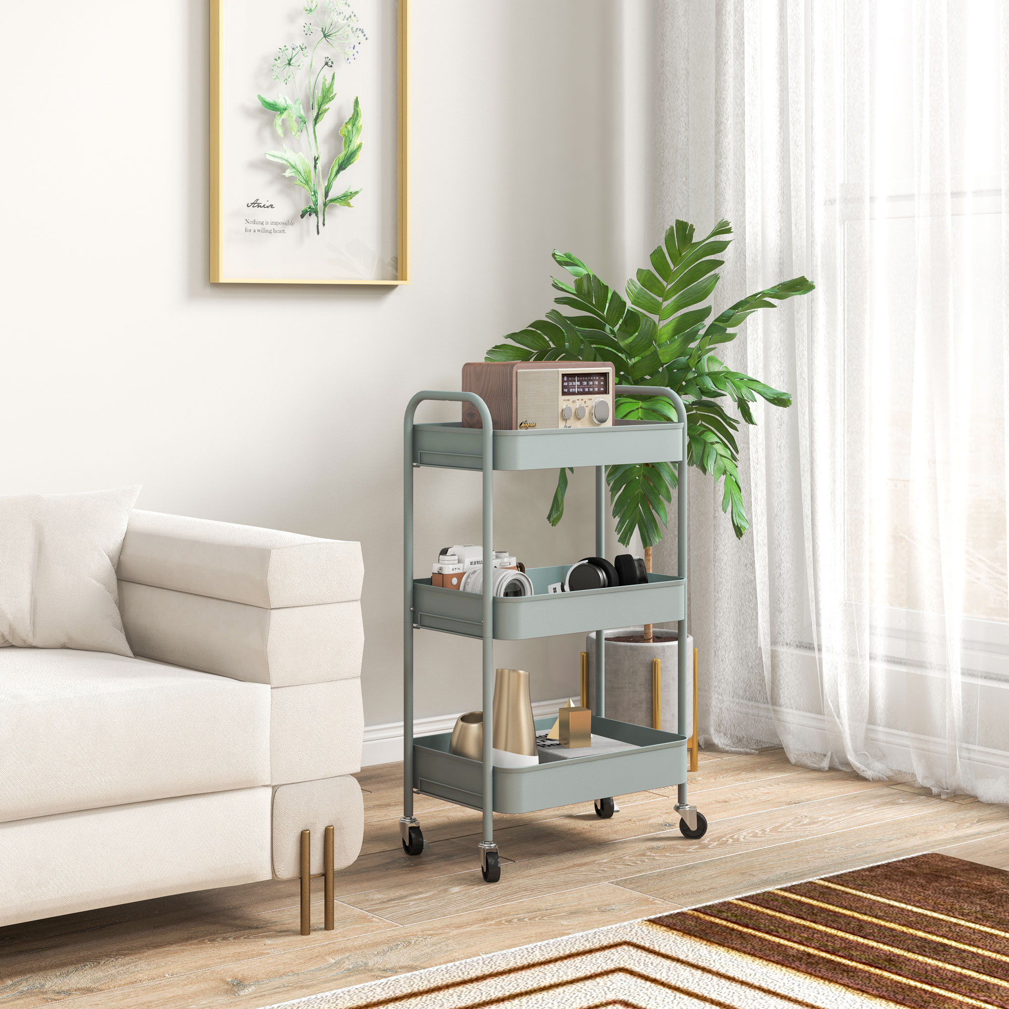  Carucior de Bucatarie cu 3 Niveluri, Manere si 4 Rotile, 45x30,6x79 cm, Albastru Deschis [1]