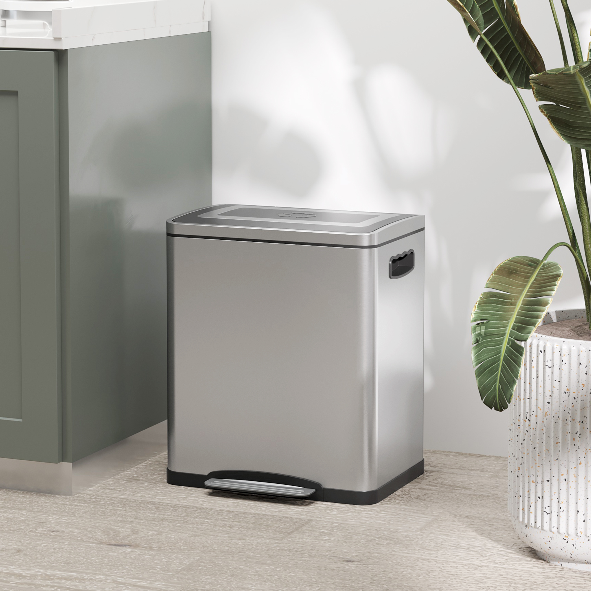  Cos de Gunoi cu 2 Sectiuni de 15L cu Pedala si Capac cu inchidere Lina, 40x34,8x47,5 cm, Argintiu [1]