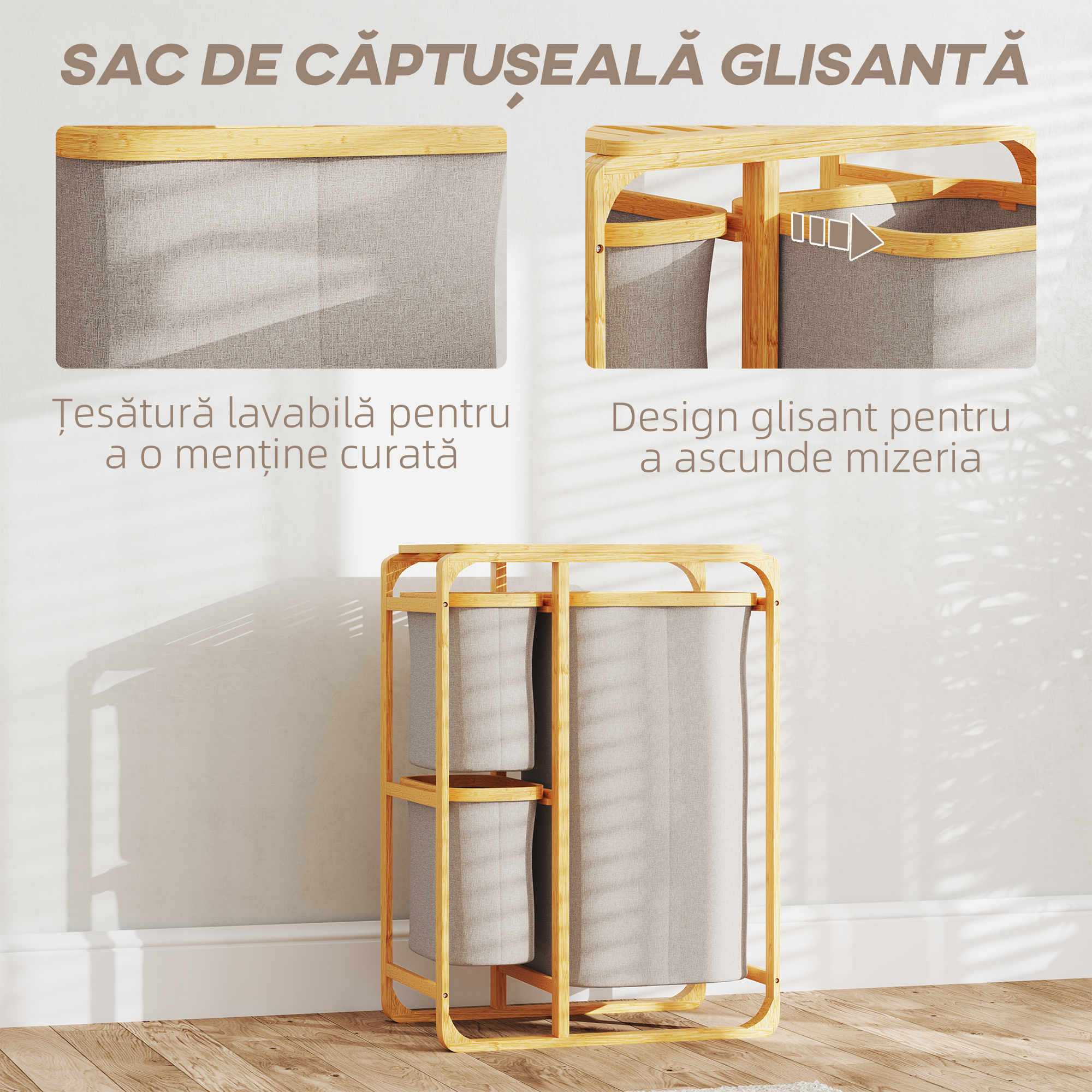  Cos pentru Rufe cu 3 Saci si Rafturi Detasabile din Material Textil din Bambus, 50x32x69,7 cm, Alb Crem [4]