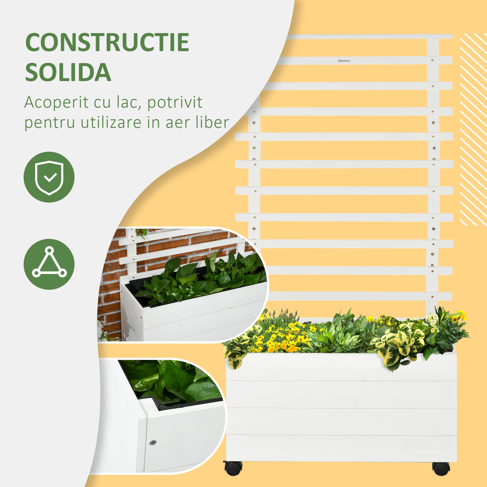  Jardiniera inaltata verticala cu 4 roti si suport pentru plantele cataratoare, din  lemn de brad, 76x30x155cm, alb [7]