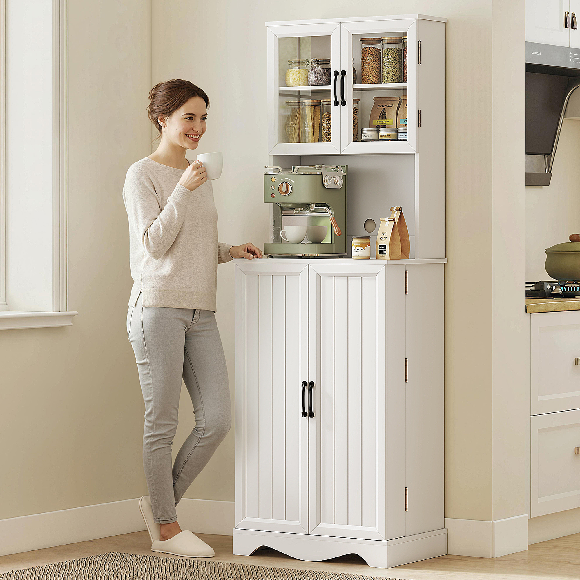  Mobila de Depozitare pentru Bucatarie cu 2 Dulapuri si 8 Rafturi, din Lemn si Acrilic, 60x39.5x179.6 cm, Alb [8]