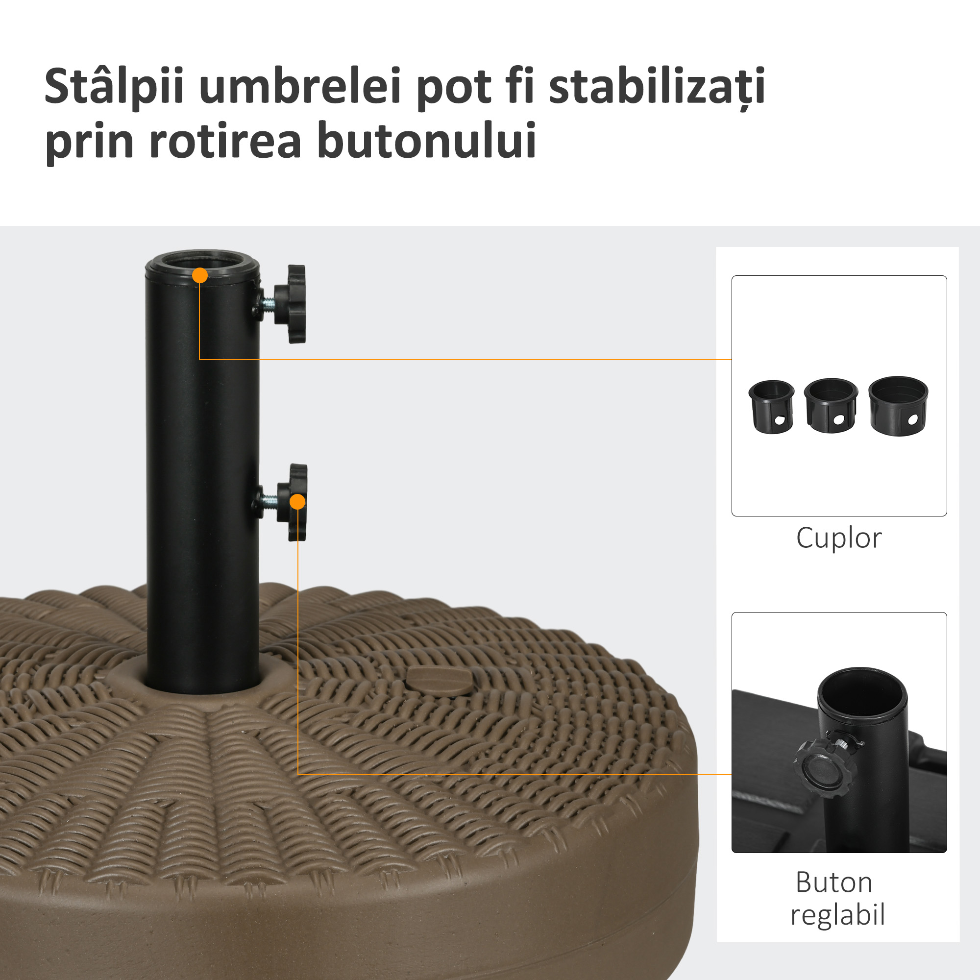  Baza pentru Umbrela cu 2 Butoane Incorporate, din HDPE si Otel, Ø51x36 cm, Maro si Negru [3]