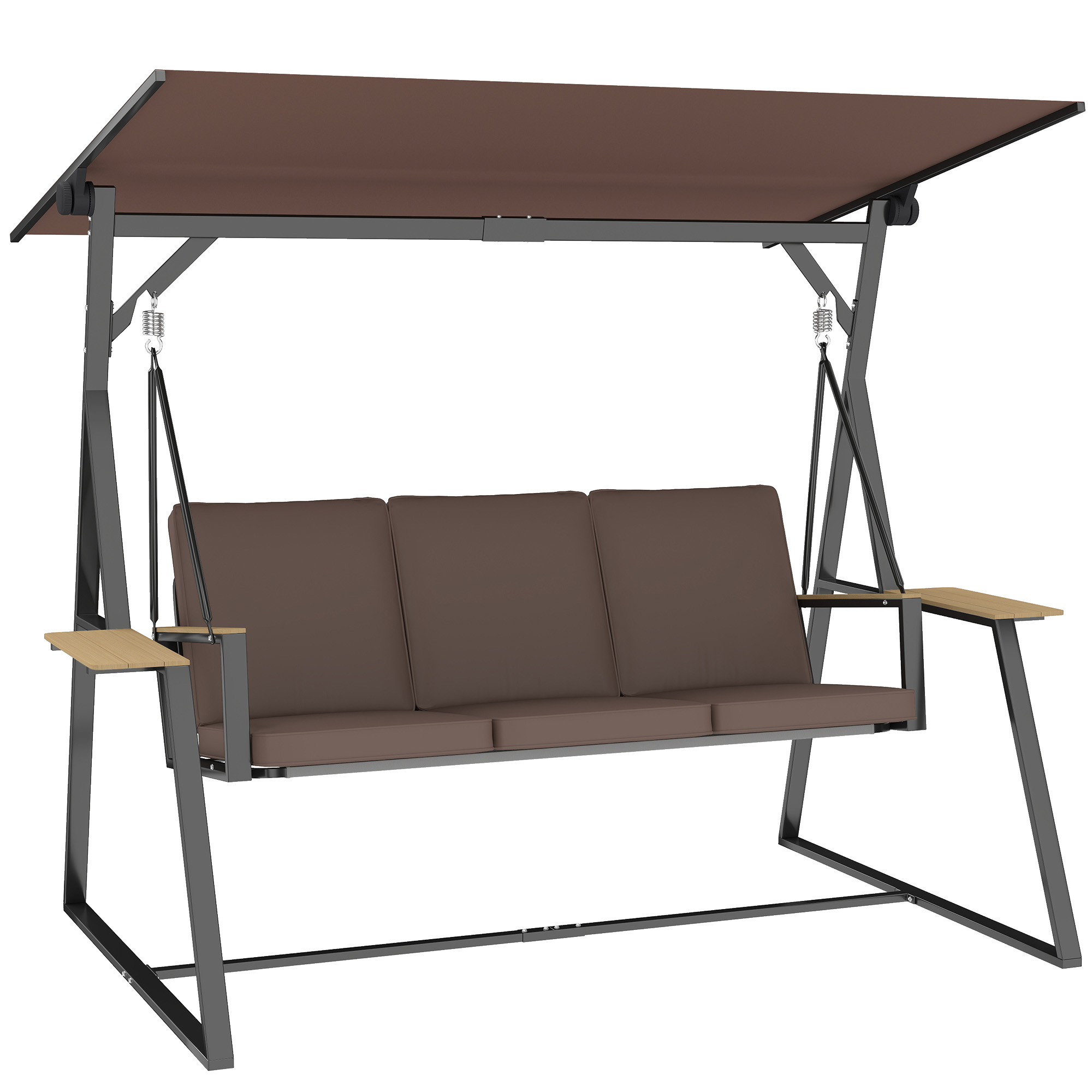 Gradina & balcon -  Leagan de gradina cu 3 locuri, cu copertina reglabila, cadru metalic, suporturi pentru pahare, perne moi, greutate suportata 360 kg, pentru terasa sau balcon, 222x131x175 cm, maro