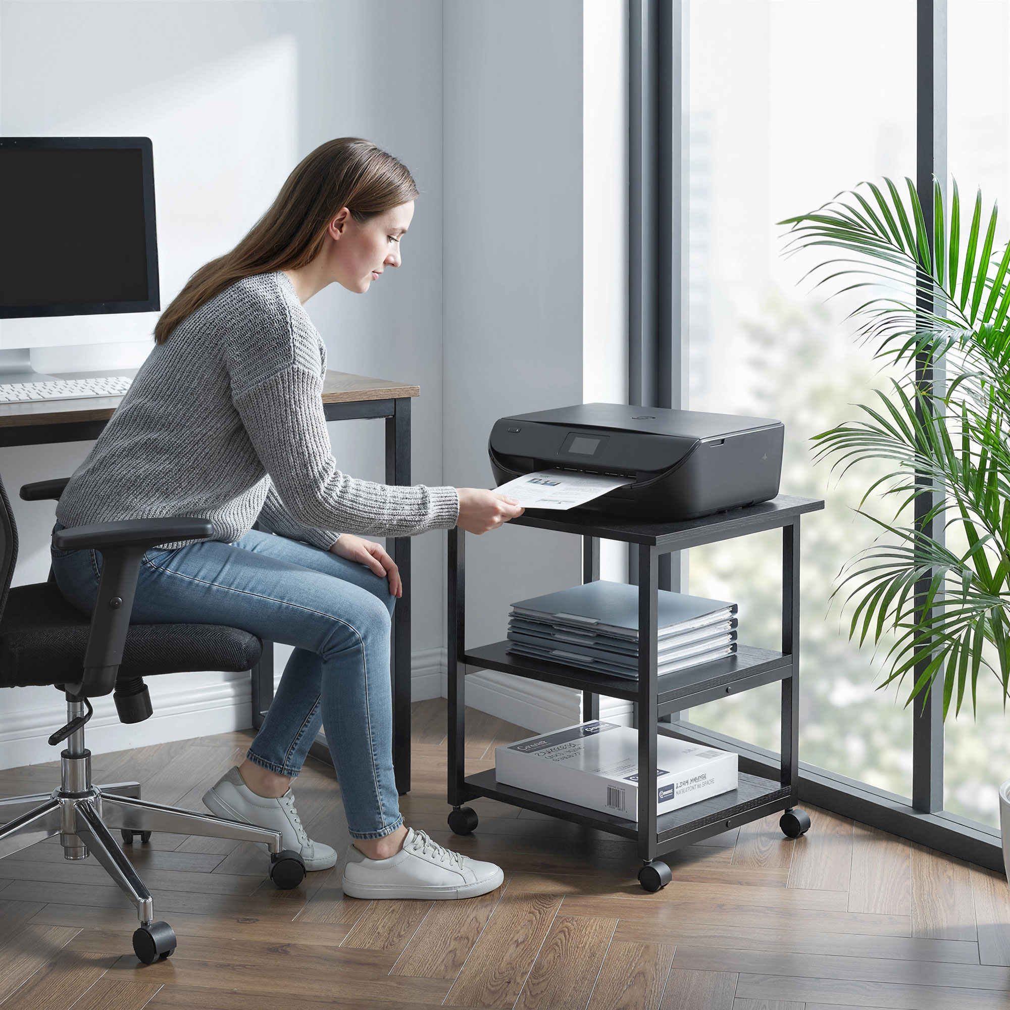  Dulap mobil pentru imprimanta cu 3 rafturi si 4 roti, lemn si otel, 50x50x52,5cm, negru [1]