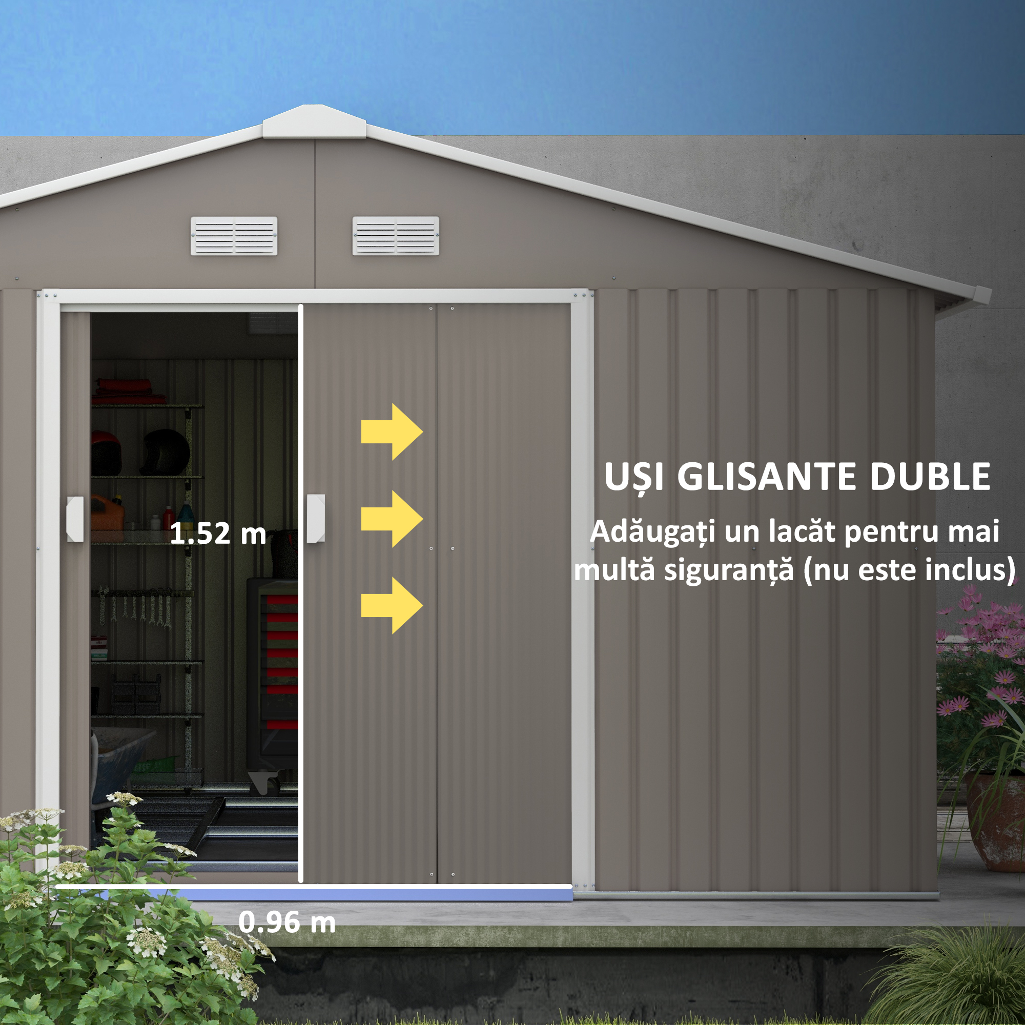  Magazie de Gradina cu Usi Duble Glisante si Acoperis Inclinat, Sopron de Gradina din Otel si PP, 3.4x4x2m, Gri [4]