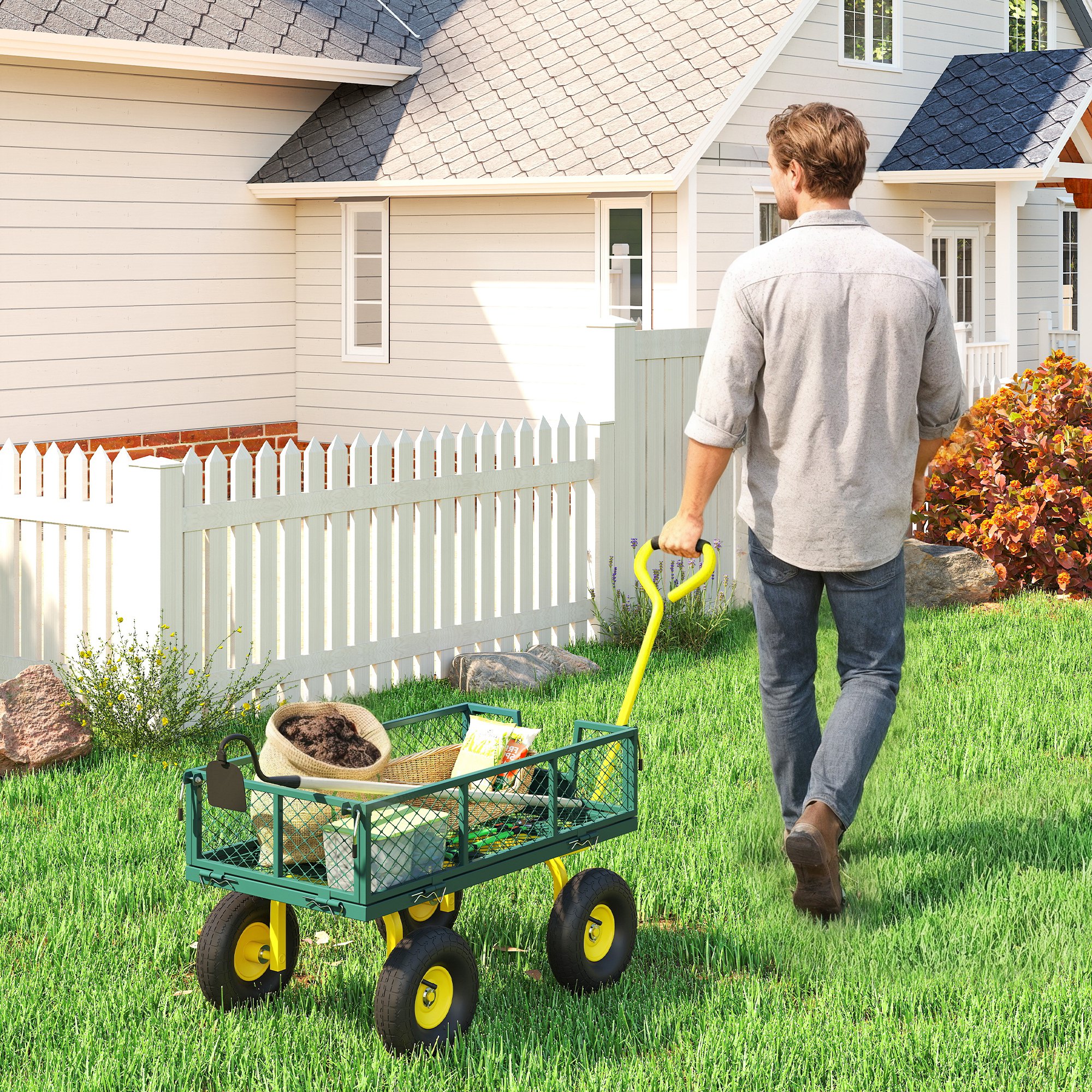  Carucior pentru Gradina din Otel, cu Capacitate de 200 kg si Pereti Laterali Detasabili, 104x54x51 cm, Verde si Galben [1]