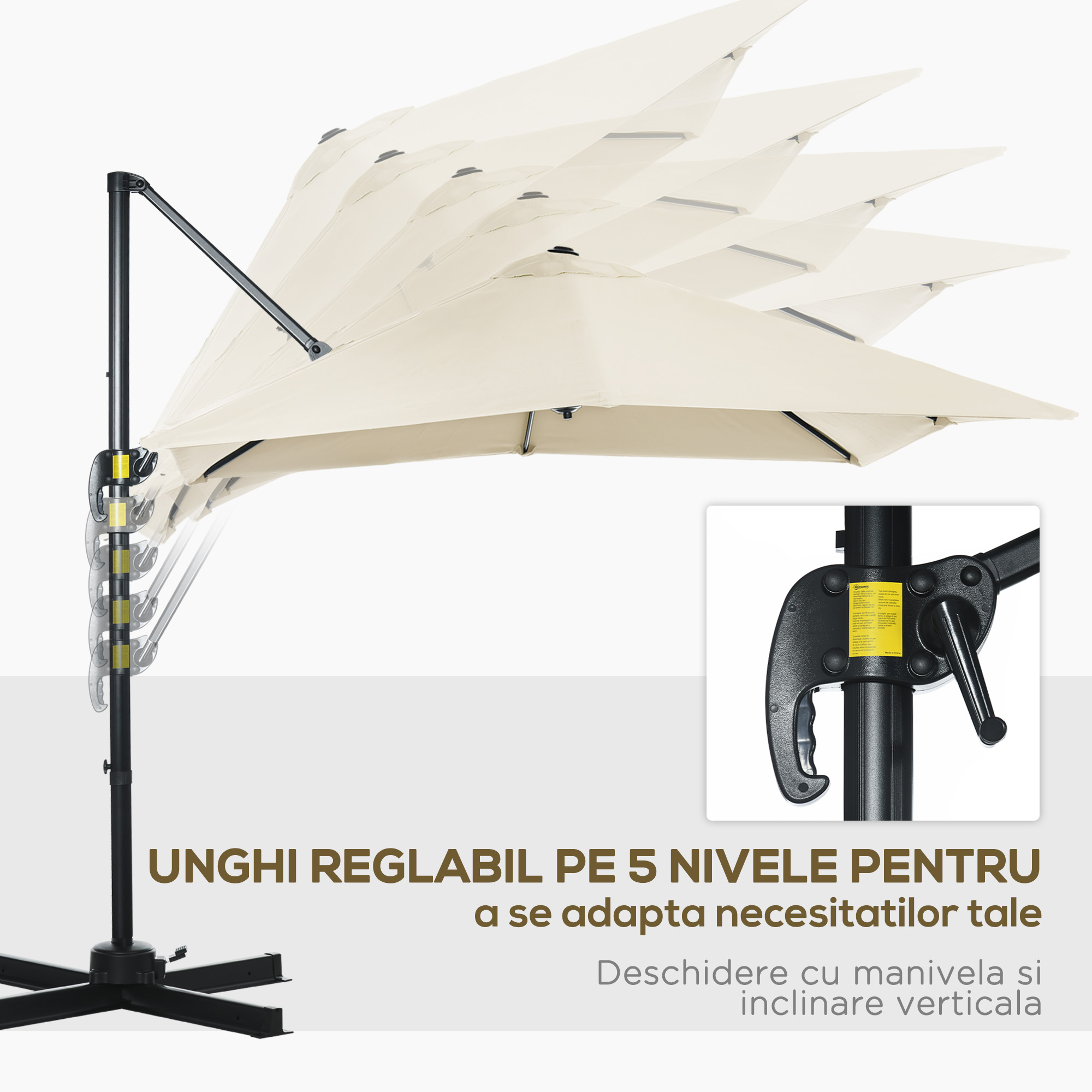  Umbrela de Gradina cu Manivela cu Rotatie 360°, Parasolar Reglabil, 245x245x245 cm, Crem [4]