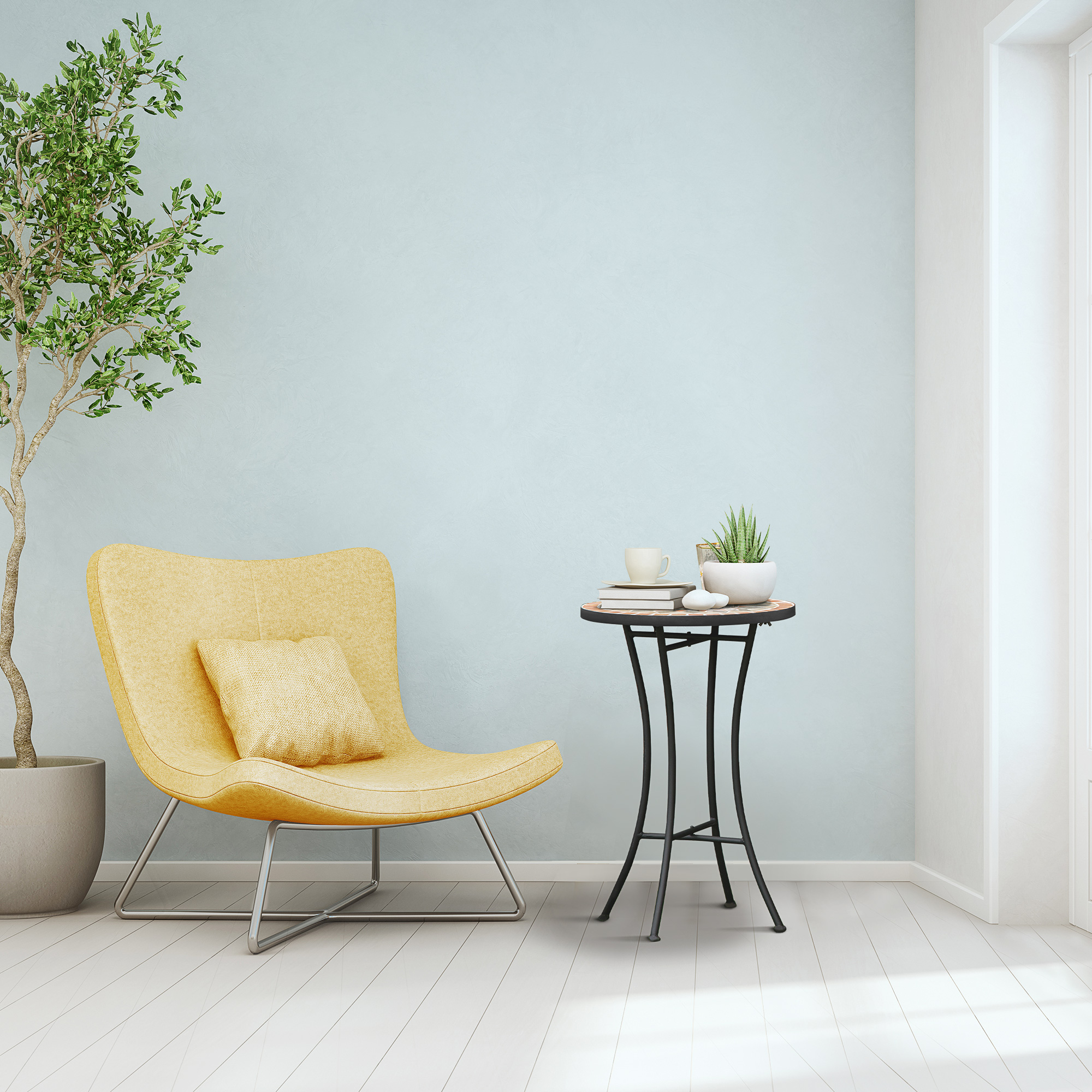  Masuta Rotunda de Gradina, Masuta de Cafea pentru Exterior cu Blat Ceramic Mozaic, Structura din Metal, pentru Balcon si Terasa, Ø35,5x53,5 cm, Negru, Galben, Gri, Alb [7]