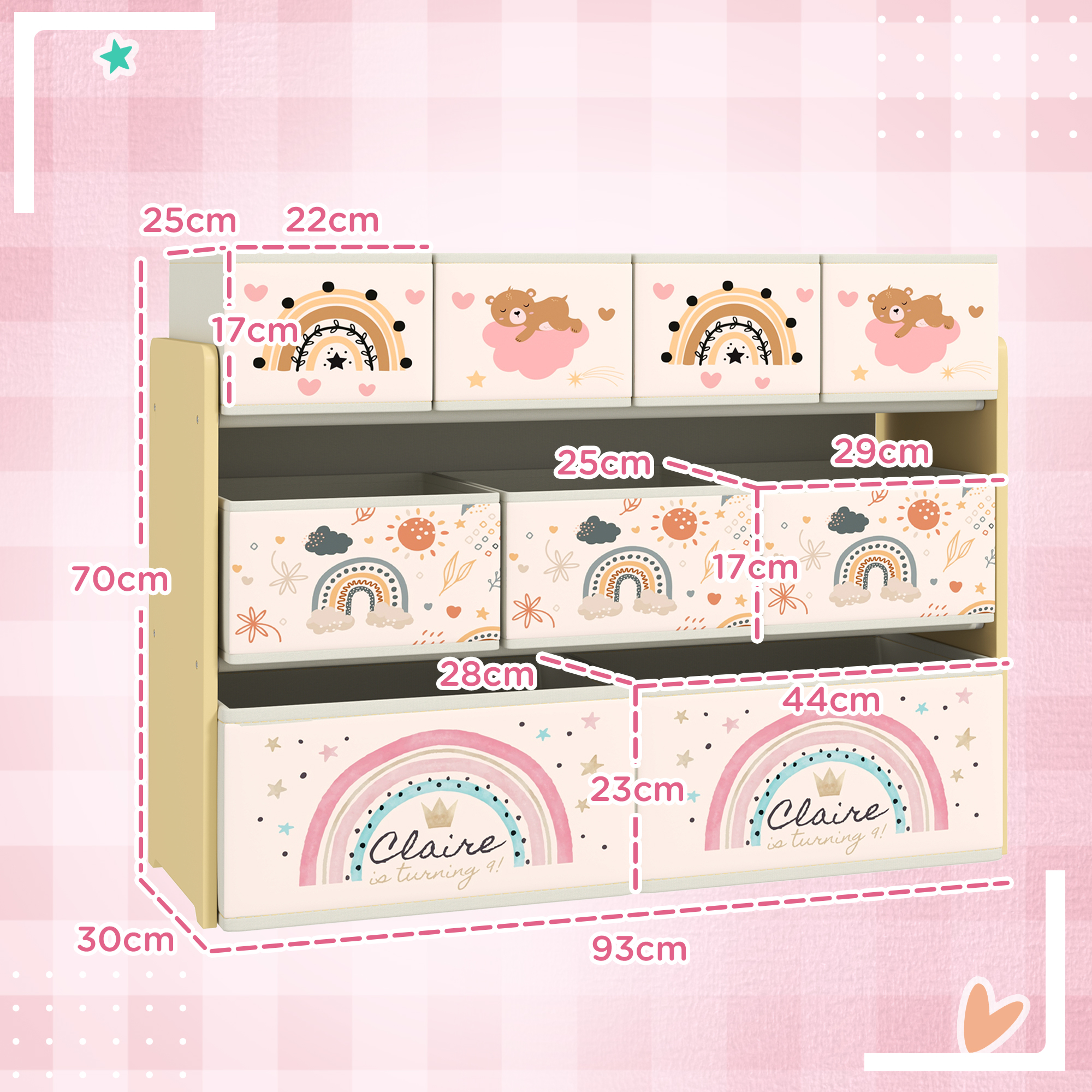  Etajera Depozitare Jucarii cu 3 Niveluri si 9 Cutii de tesatura, Mobilier Depozitare Jucarii, 93x30x70 cm, Galben [2]