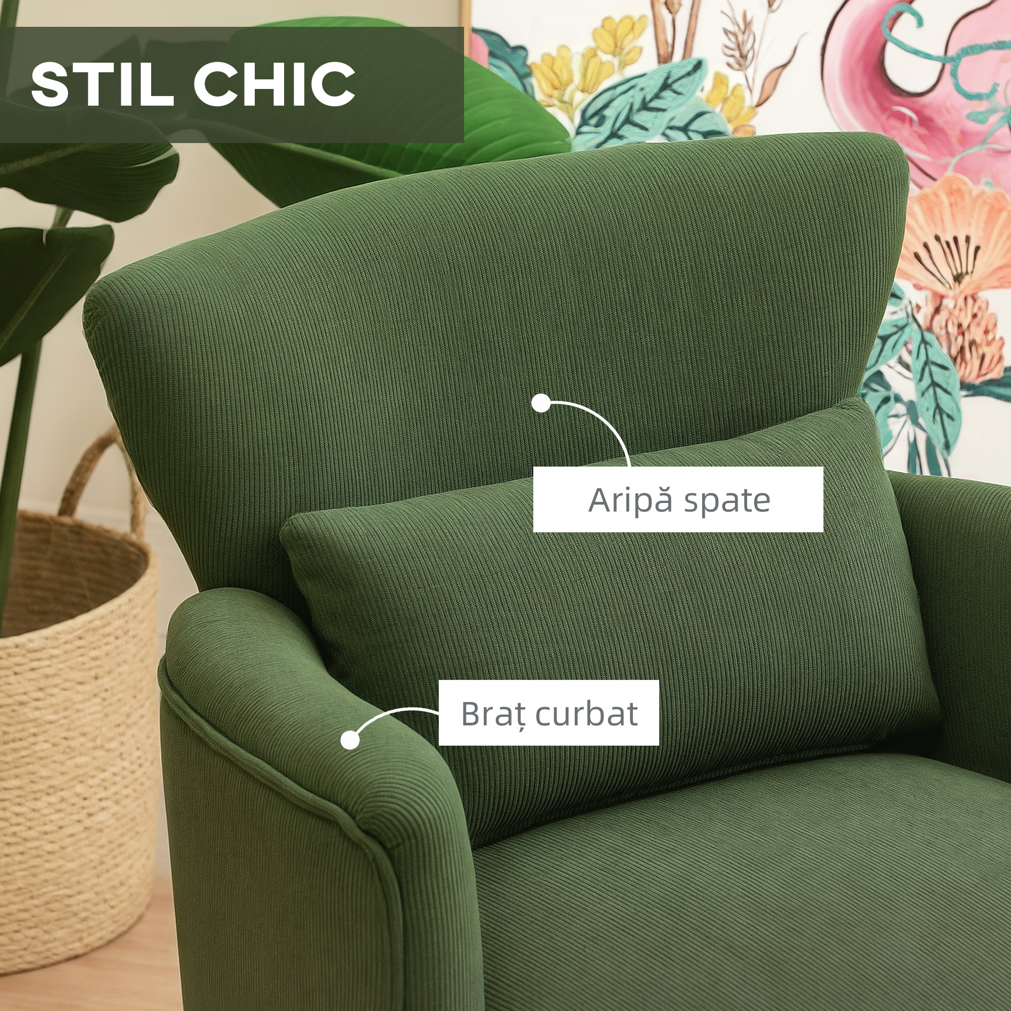  Fotoliu Capitonat cu Perna si sezut Gros, Fotoliu din Catifea cu Spatar si Picioare din Lemn, 69x69,5x78 cm, Verde [5]