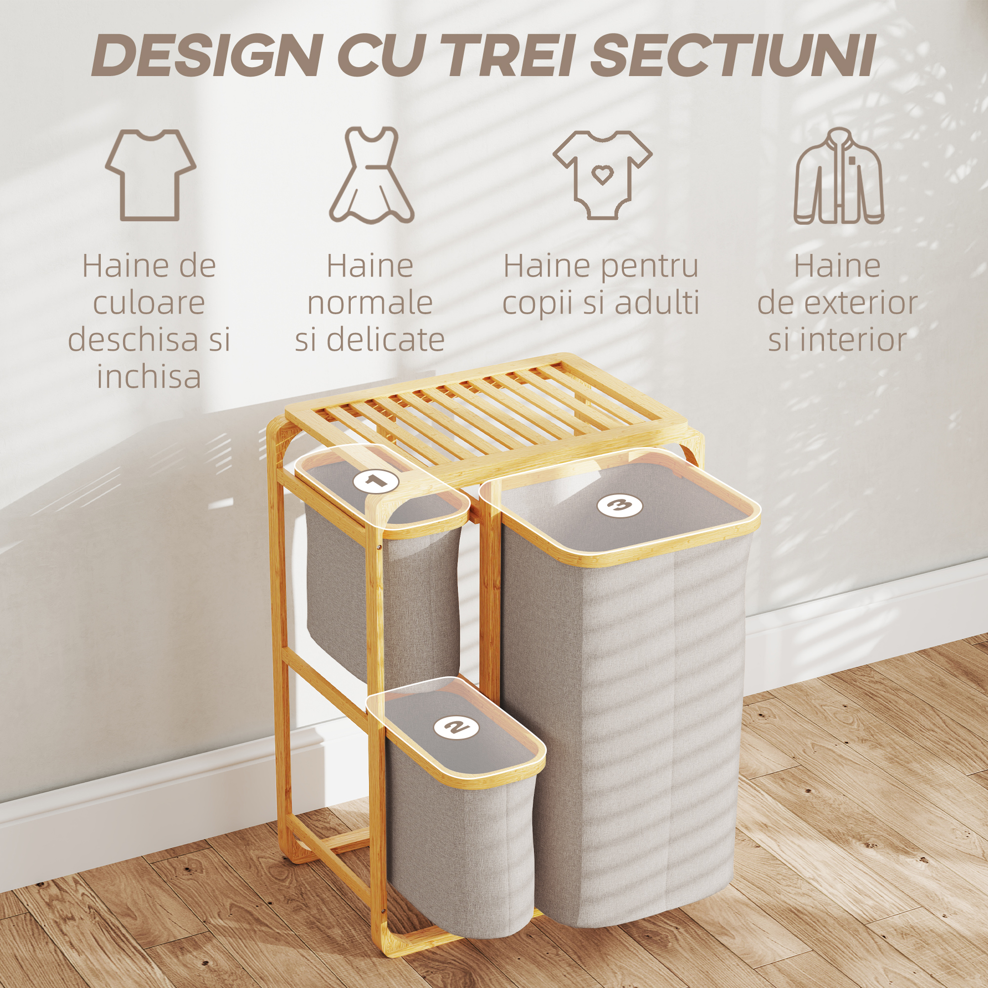  Cos pentru Rufe cu 3 Saci si Rafturi Detasabile din Material Textil din Bambus, 50x32x69,7 cm, Alb Crem [5]