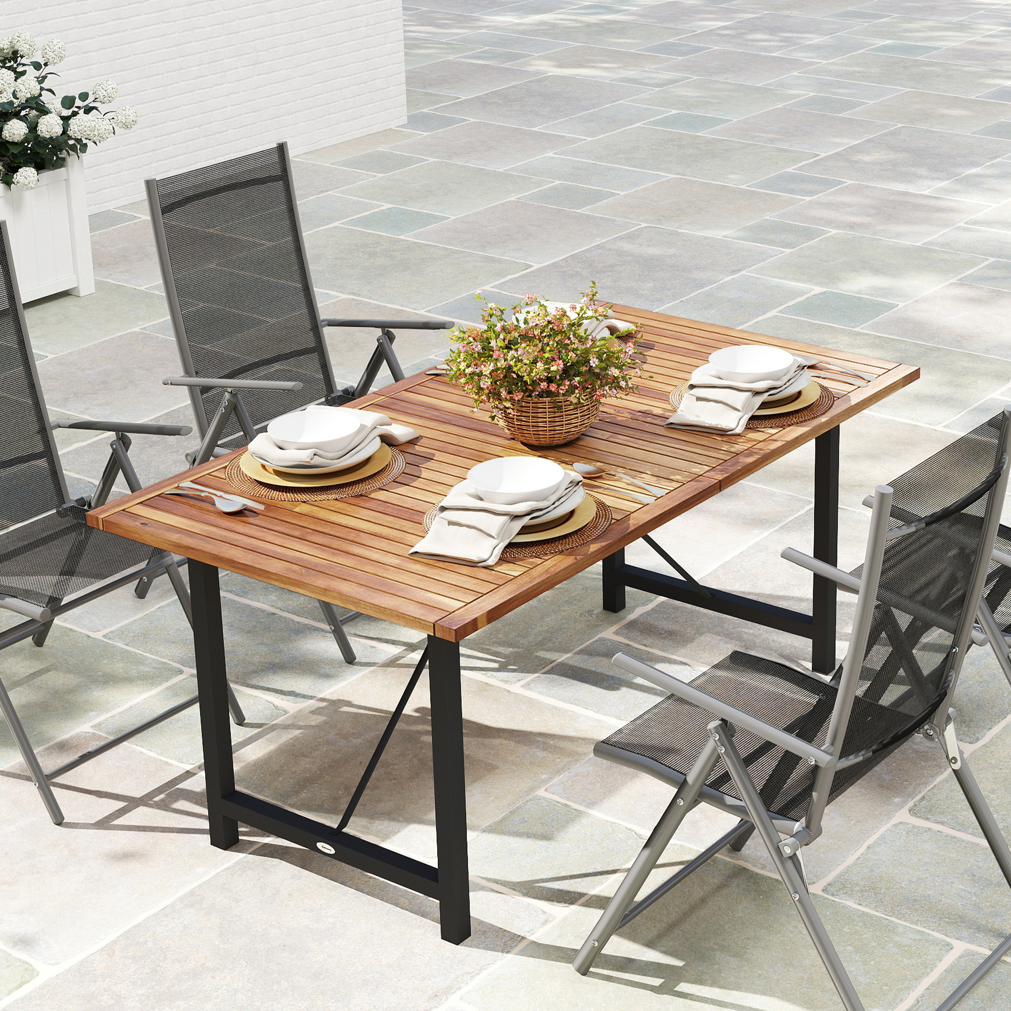  Masa de Gradina din Lemn de Salcam si Otel cu Blat din sipci, 160x90x75 cm, Lemn Natural [8]