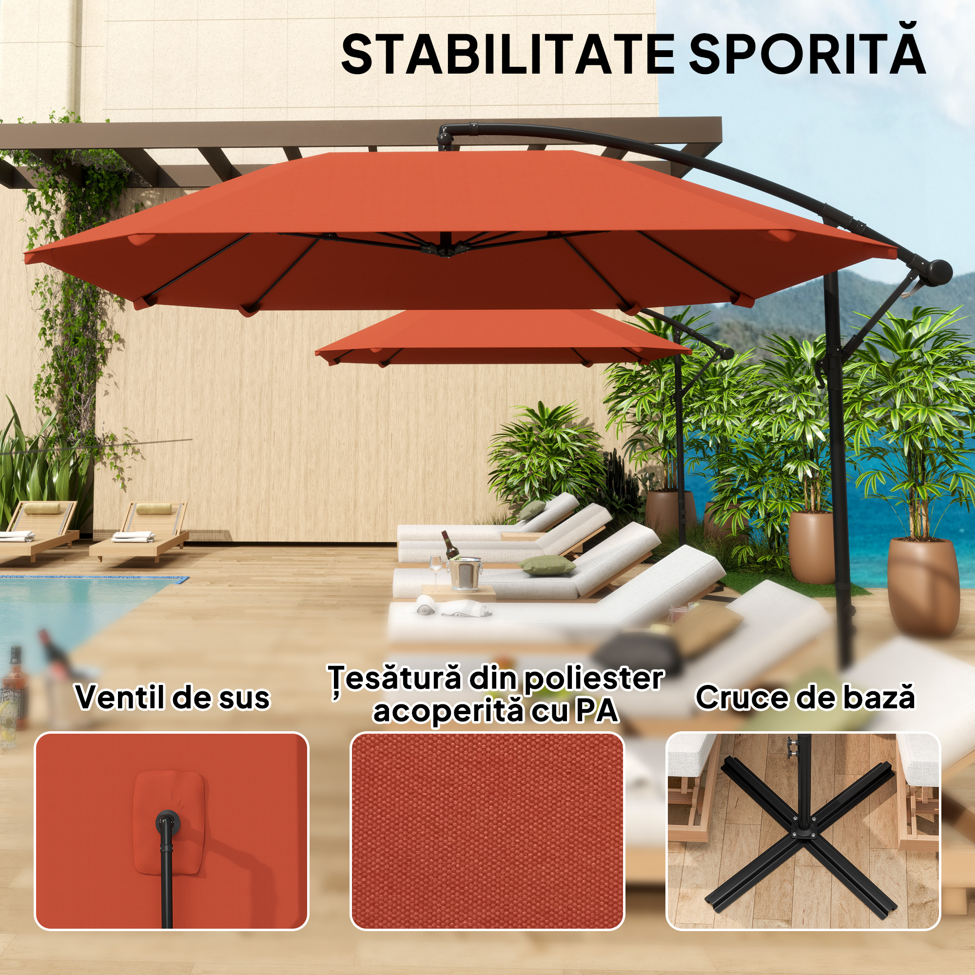  Umbrela de Soare Suspendata cu Baza in Cruce, Articulatie Tip Banana si Manivela, 304x260x245 cm, Maro [6]