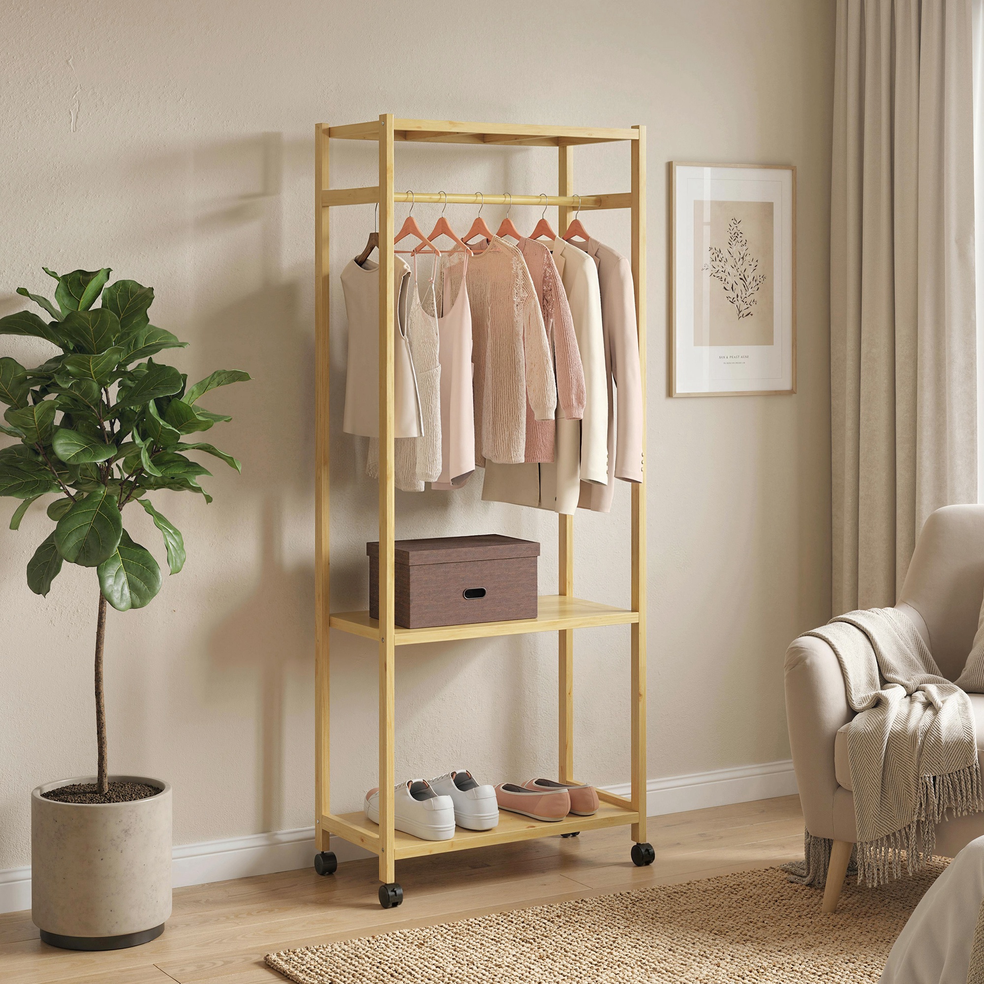  Cuier de Podea cu Bara si 4 Roti, Economisire Spatiu, Cuier din Bambus cu Rafturi Inferioare, pentru Dormitor, Hol, 70x35x175 cm, Lemn Natural [1]