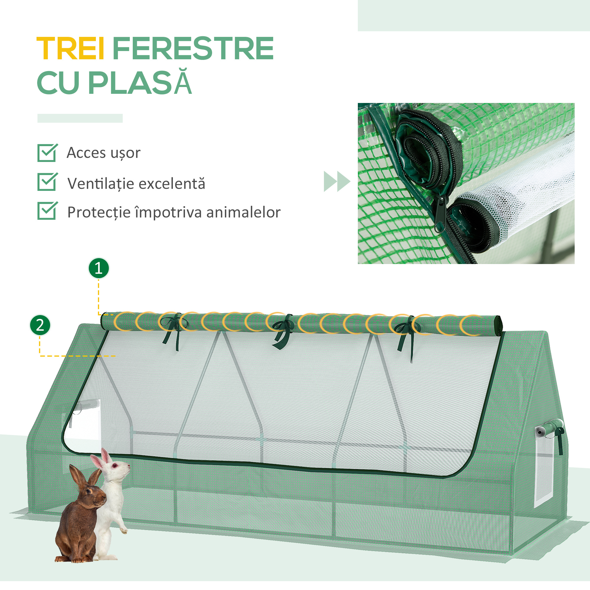  Sera Mica cu 2 Ferestre Laterale si Fereastra Centrala, din Otel, PE si PP, 240x90x90 cm, Verde [3]