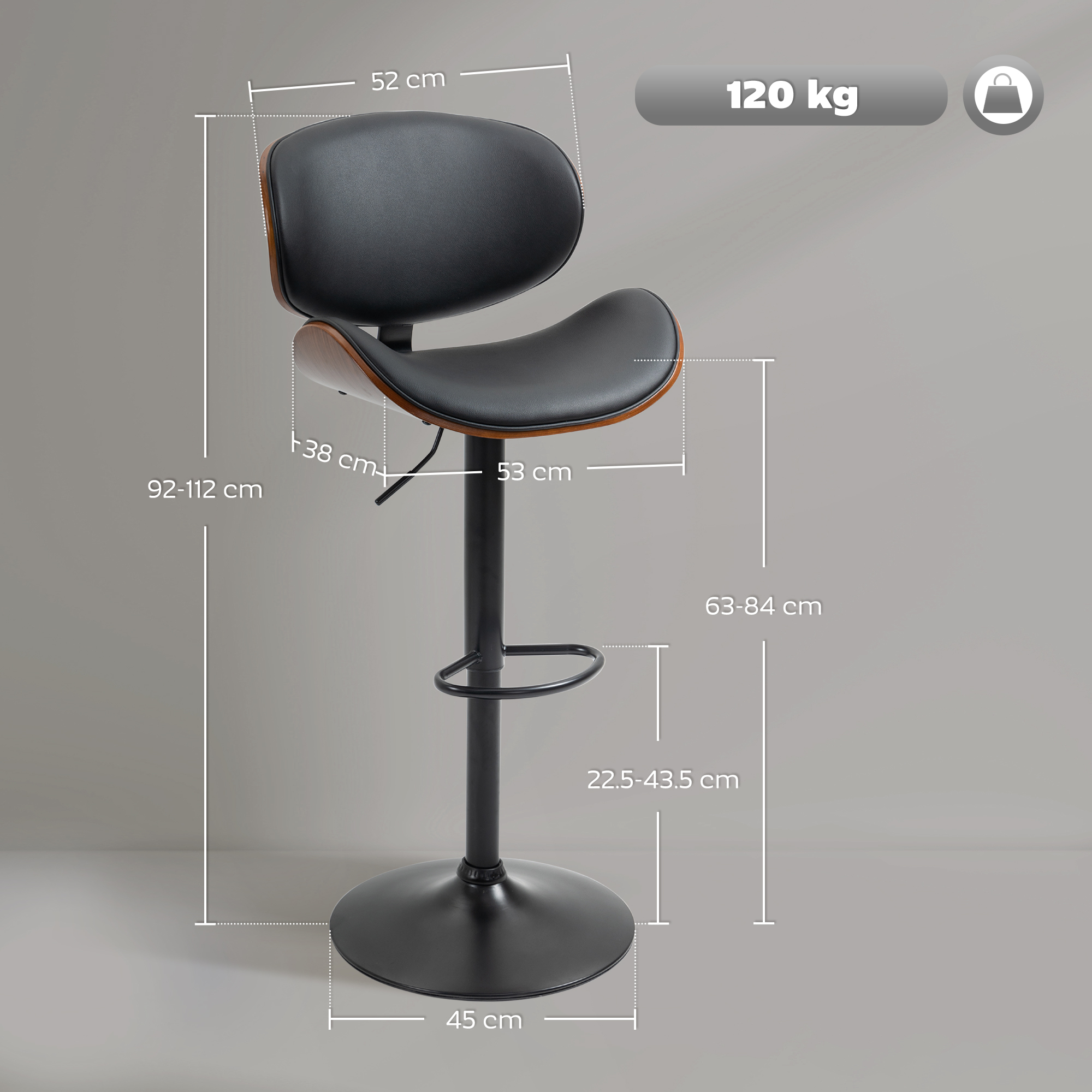  Set 2 Scaune de Bar cu Spatar Reglabile pe inaltime, Lemn si Piele Ecologica, 53x52x92-112 cm, Negru [2]