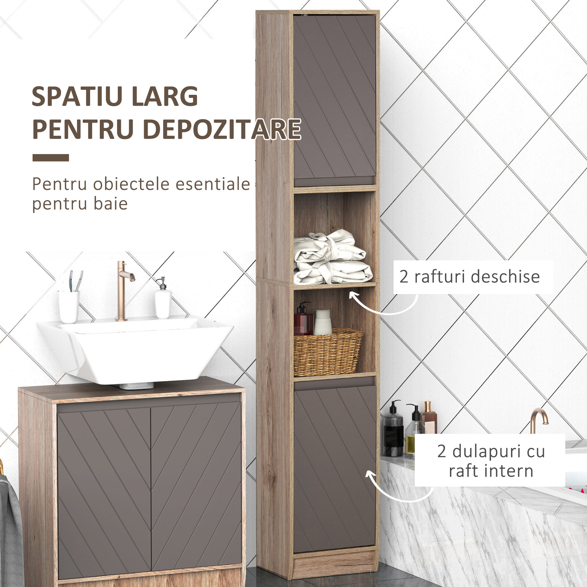  Dulap Baie Space Saver - Gri & Stejar, Cu 6 Rafturi & Dulapioare [4]