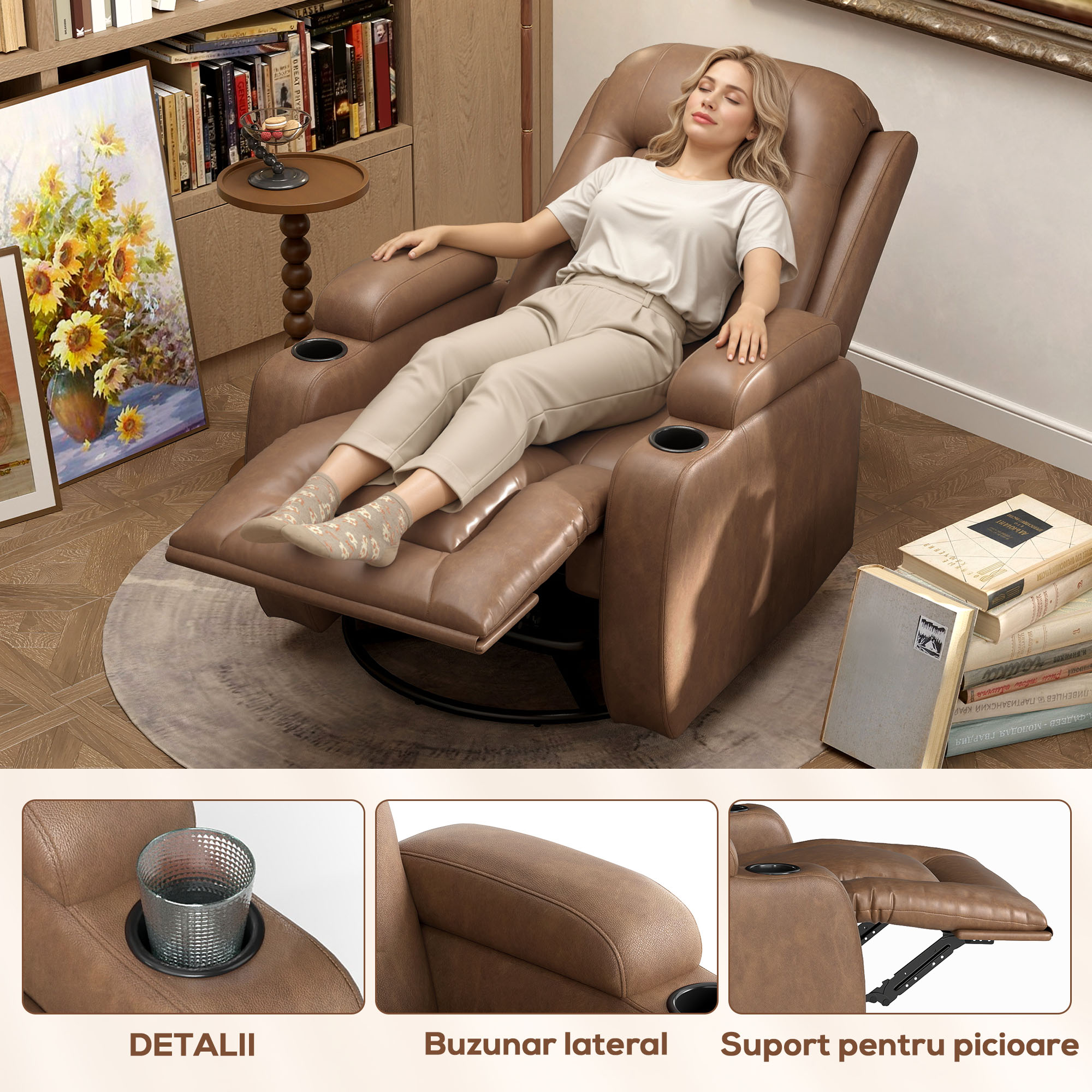  Fotoliu Relax Rabatabil cu Functie de Masaj si incalzire din Piele Ecologica cu 8 Puncte de Masaj, Maro [7]