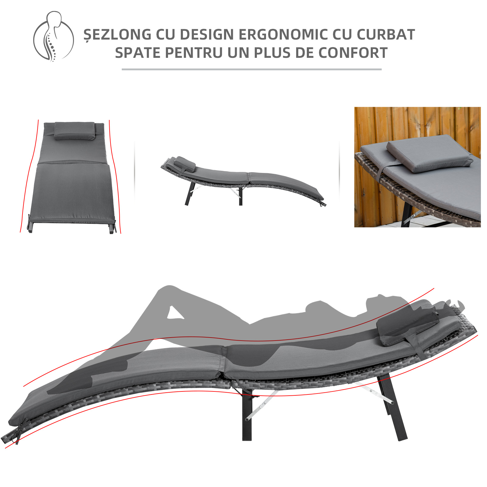  Set de 2 Sezlonguri Pliabile, Sezlong de Gradina din Ratan cu Perne Detasabile Lavabile si Masa Pliabila, Gri [3]