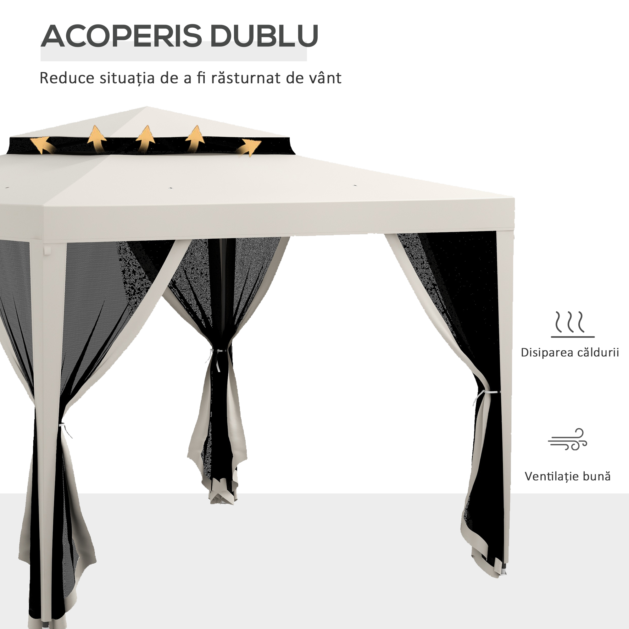  Foisor de Gradina cu Plasa tantari, Foisor cu Acoperis Dublu si Cadru Metalic, 297x297x268 cm, Bej [3]